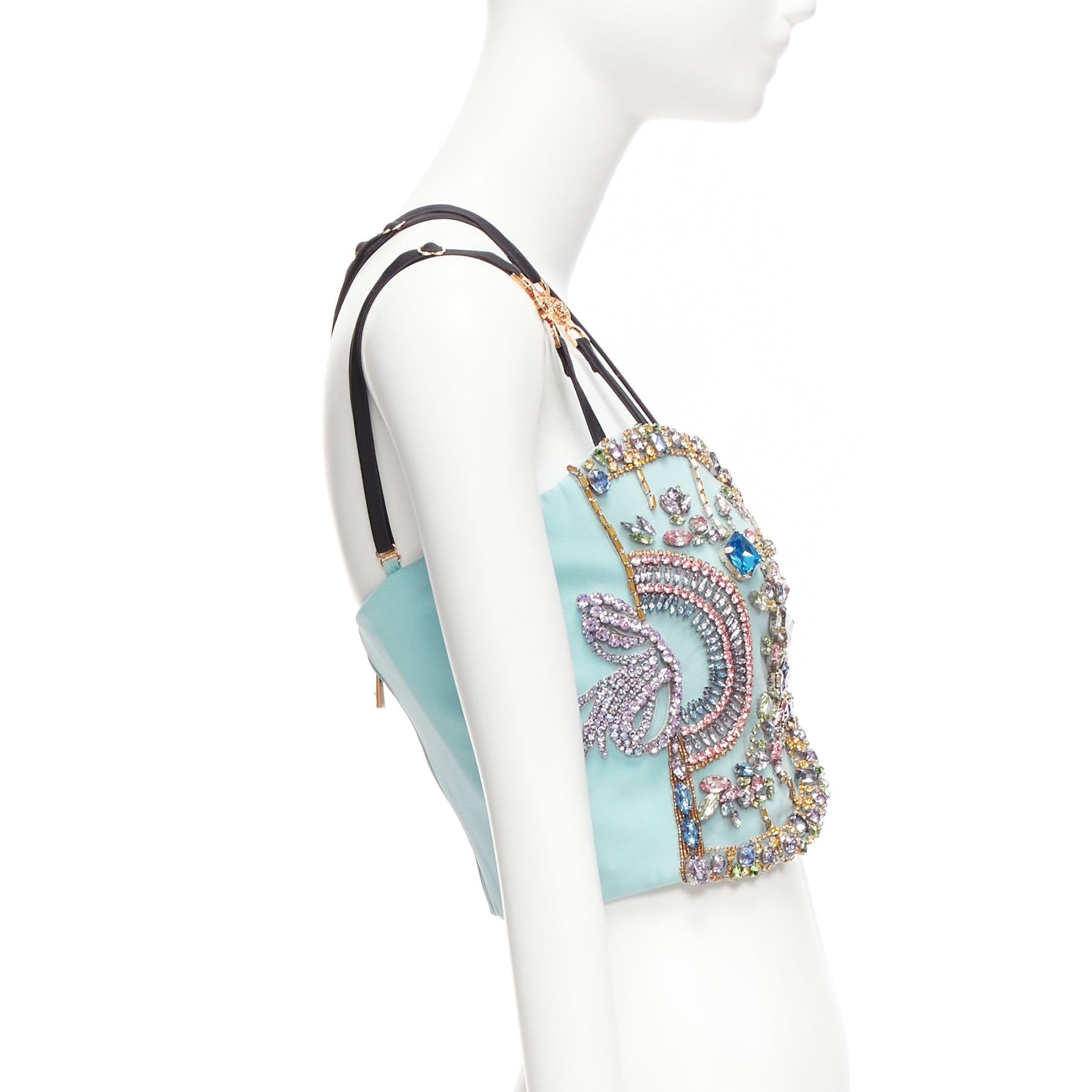 Women's VERSACE Runway blue silk crystal rhinestone embellished fan bondage top IT40 S For Sale