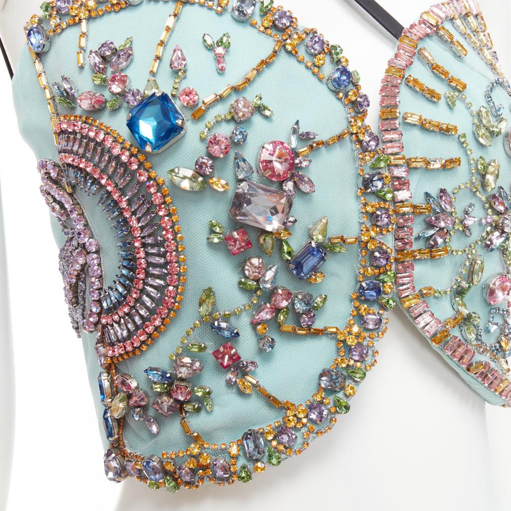 VERSACE Runway blue silk crystal rhinestone embellished fan bondage top IT40 S For Sale 2