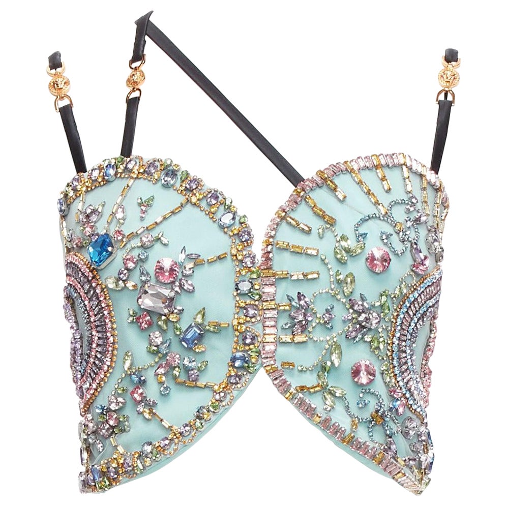 VERSACE Runway blue silk crystal rhinestone embellished fan bondage top IT40 S