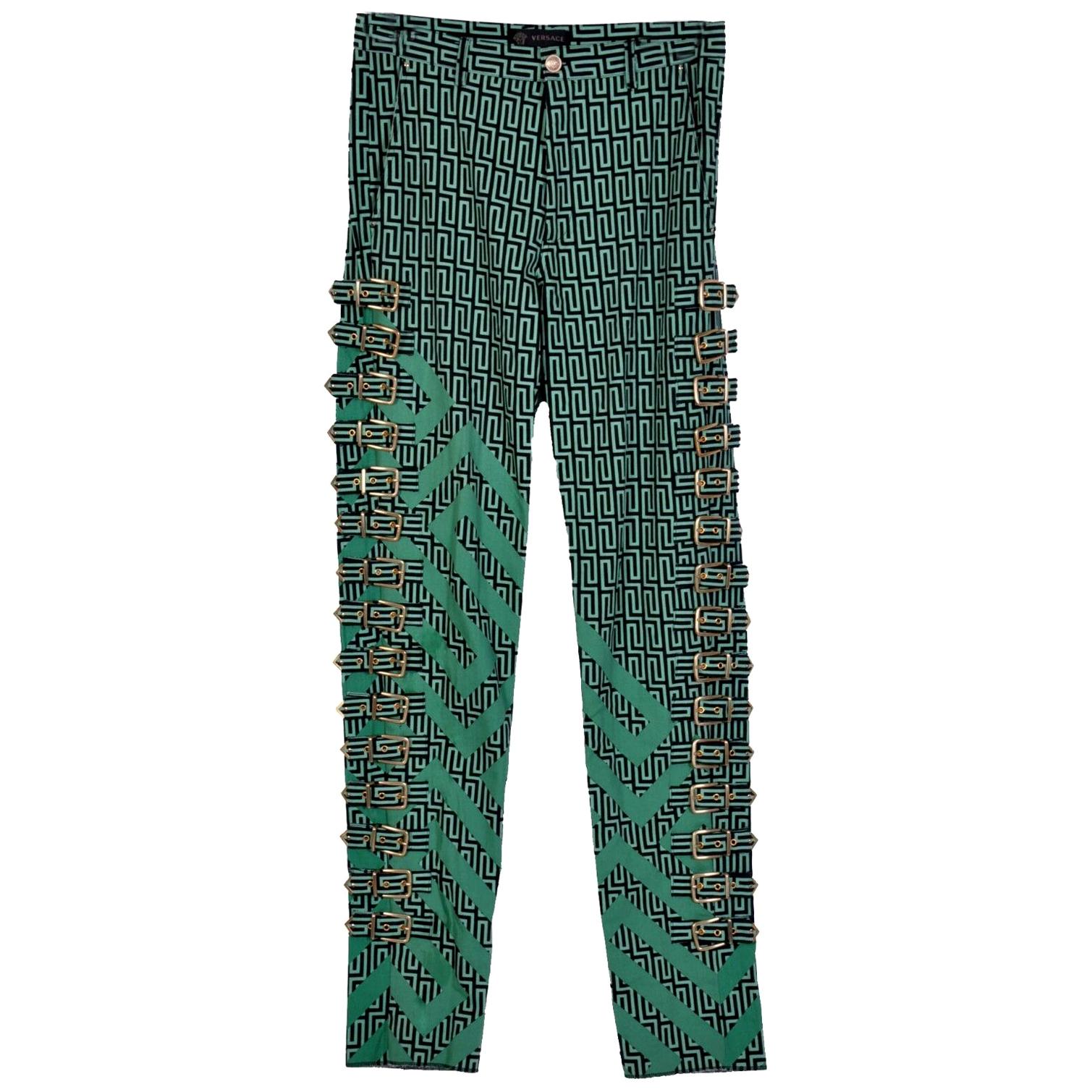 VERSACE RUNWAY BUCKLE EMBELLISHED GREEK KEY PRINTED JEANS for MEN