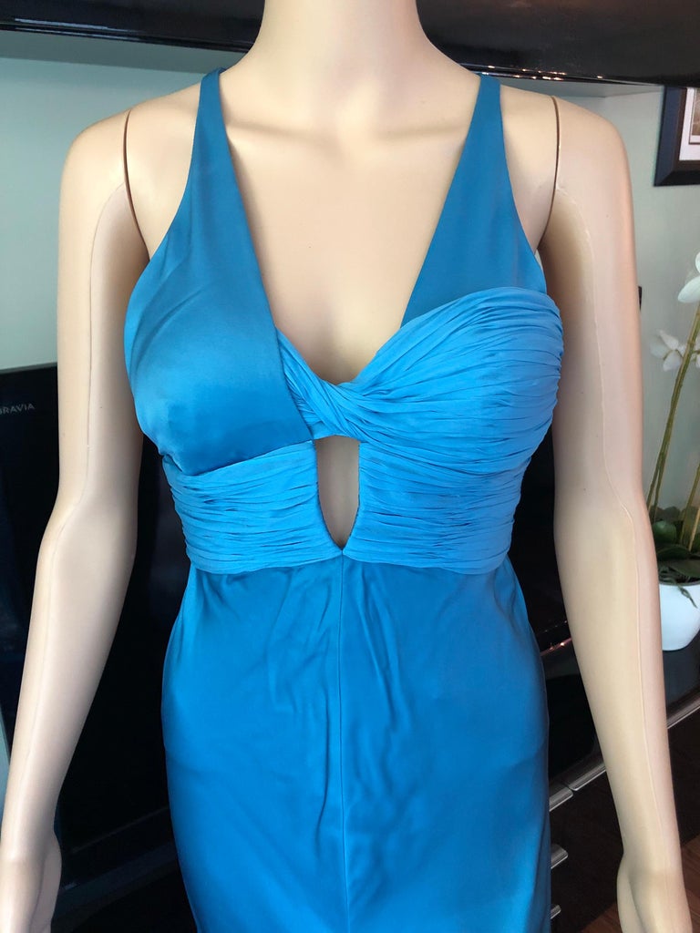 Versace S/S 2004 Bustier Open Back High Slit Blue Dress Gown