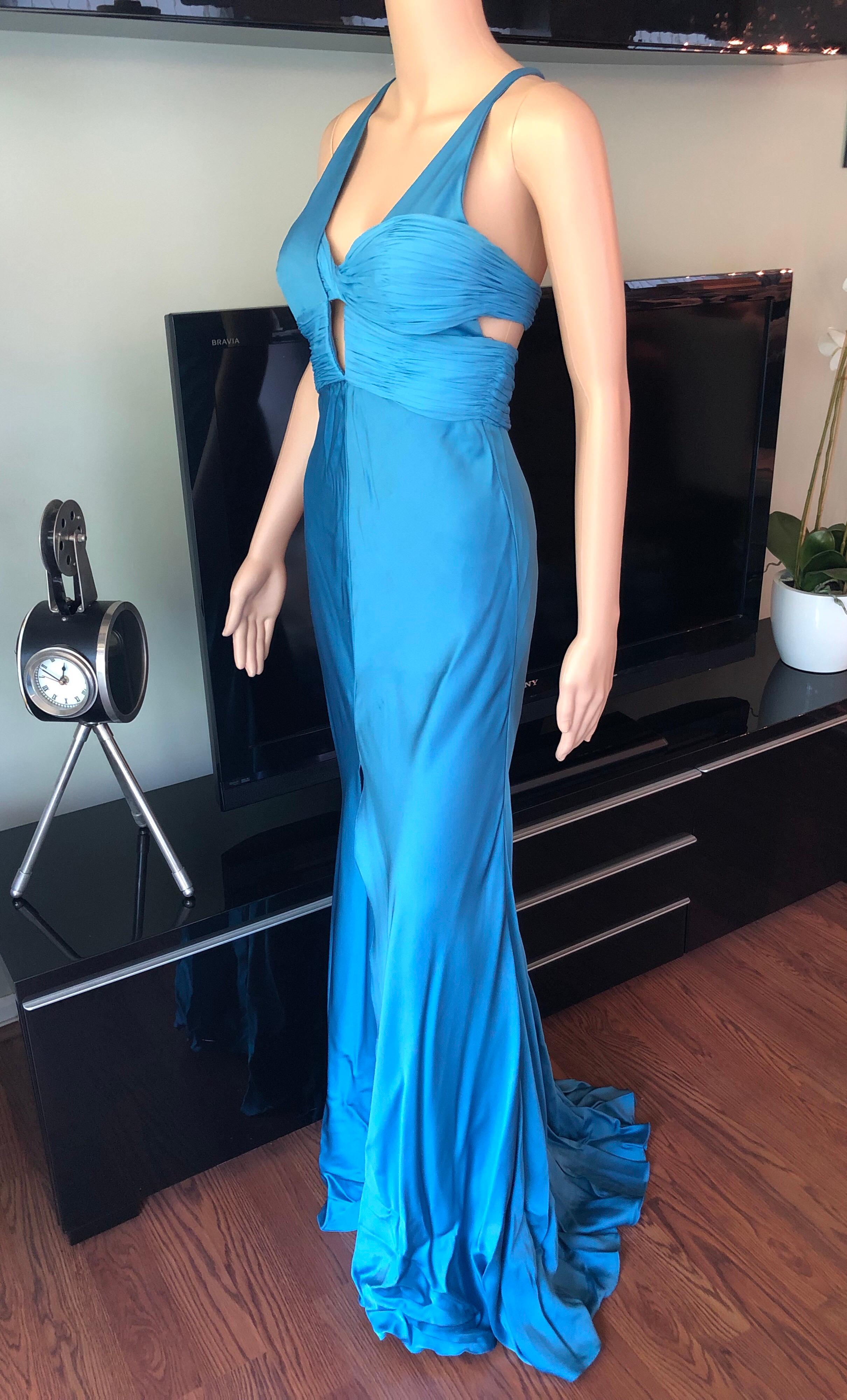 Blaues Laufsteg-Kleid mit offenem Rücken und hohem Schlitz aus Bustier von Versace im Angebot 1