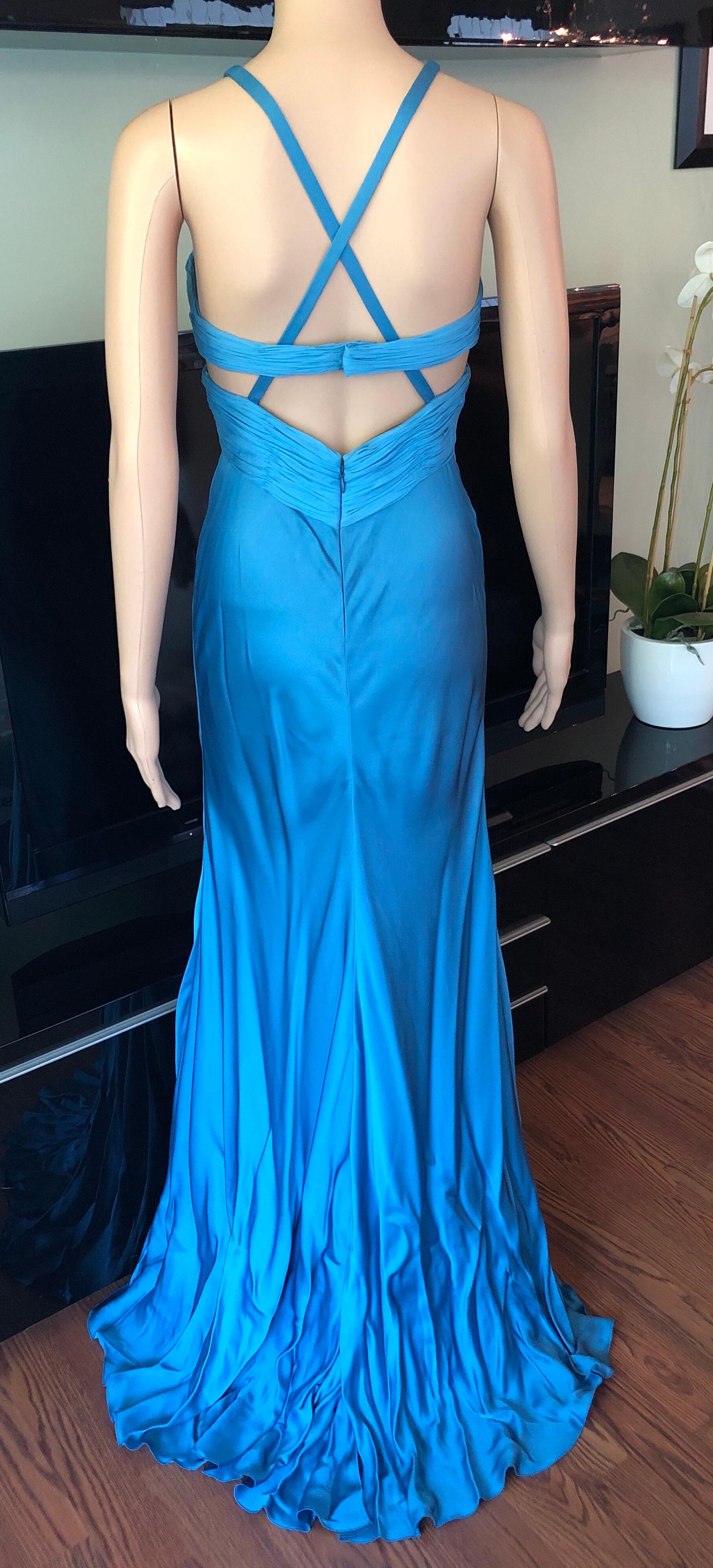 Blaues Laufsteg-Kleid mit offenem Rücken und hohem Schlitz aus Bustier von Versace im Angebot 2
