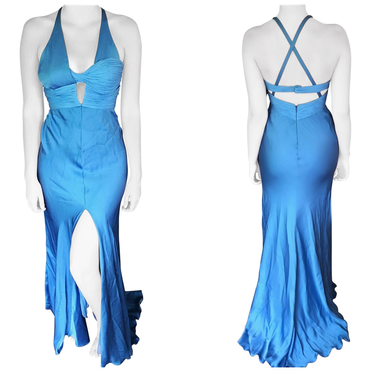 Blaues Laufsteg-Kleid mit offenem Rücken und hohem Schlitz aus Bustier von Versace im Angebot