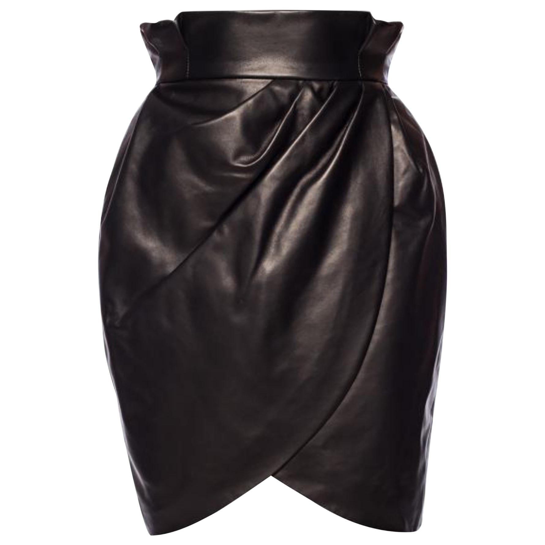 Versace Runway High-Waisted Black Leather Wrap Skirt Size 38 For Sale