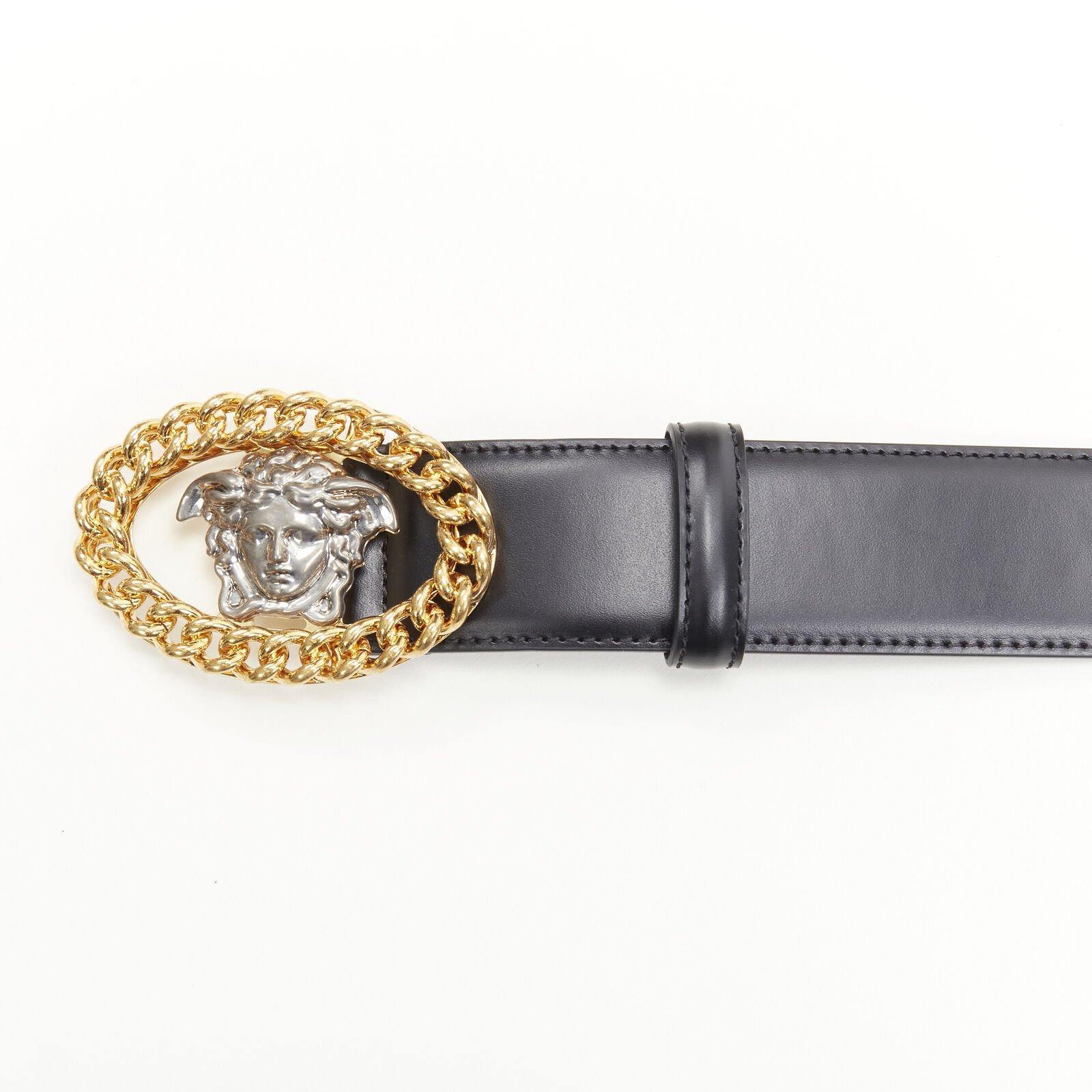 Men's VERSACE Runway Medusa gold chain silver buckle leather belt 100cm 38-42