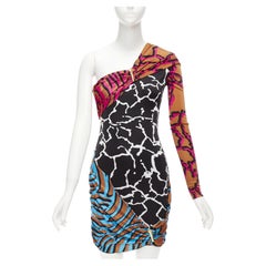 VERSACE Abito da passerella misto stampa giraffa con logo dorato, con clip e parrucca IT36 XXS
