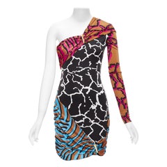 VERSACE Runway mixed giraffe print gold logo clip body con wiggle dress IT36 XXS