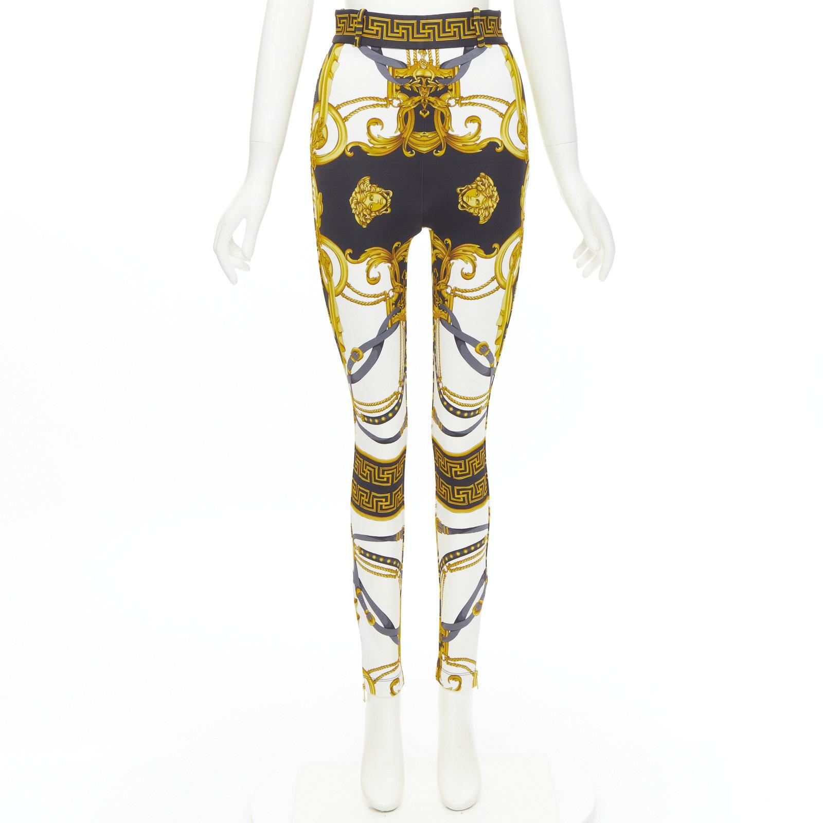 VERSACE Runway Rodeo Barocco pantalón legging elástico con arnés dorado negro IT42 M Beige en venta