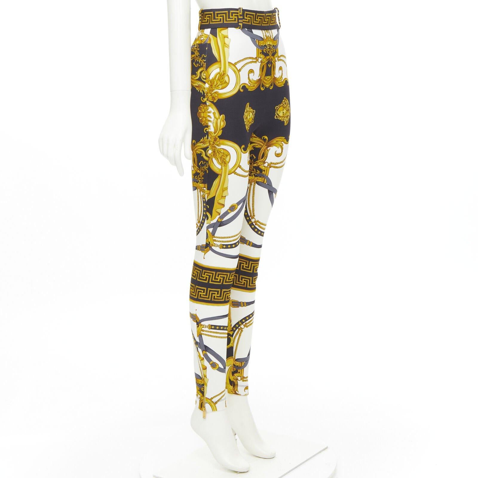 Brown VERSACE Runway Rodeo Barocco black gold harness stretch legging pants IT44 L