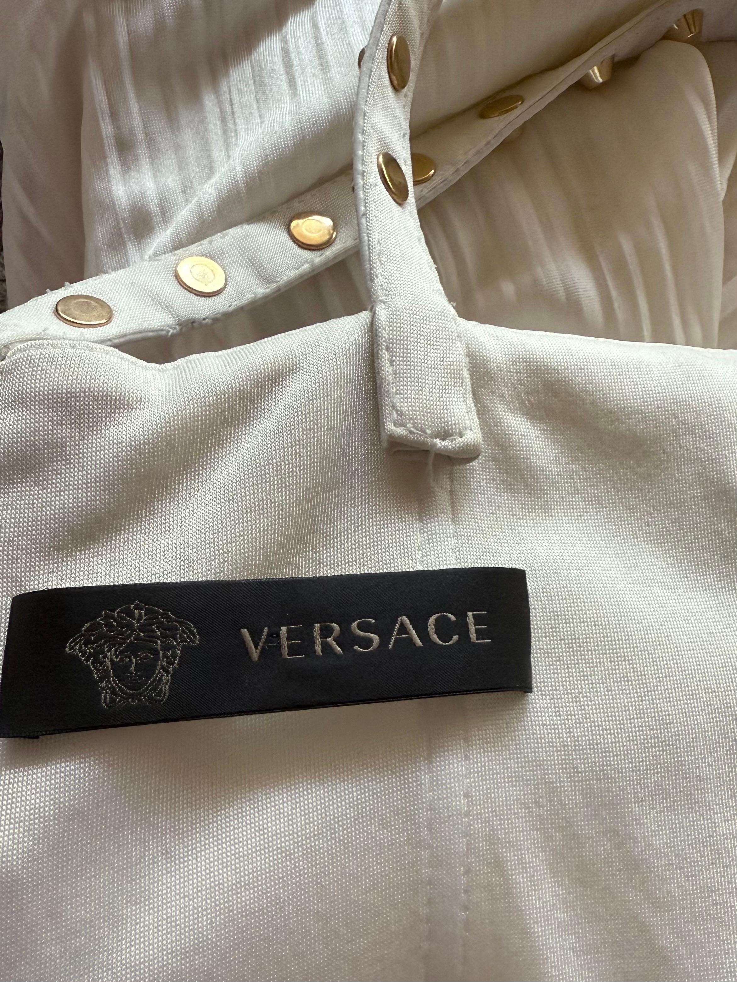 VERSACE Runway S/S 2012 Stud & Leather Embellished Off-White Mini Dress For Sale 11