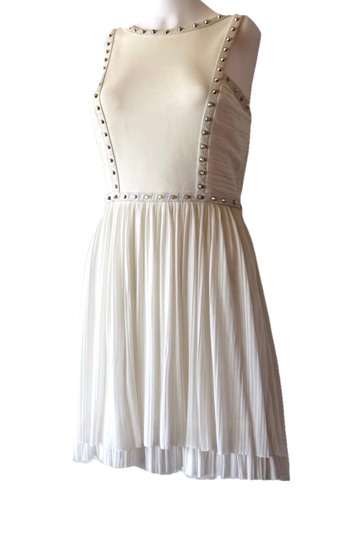 Women's VERSACE Runway S/S 2012 Stud & Leather Embellished Off-White Mini Dress For Sale