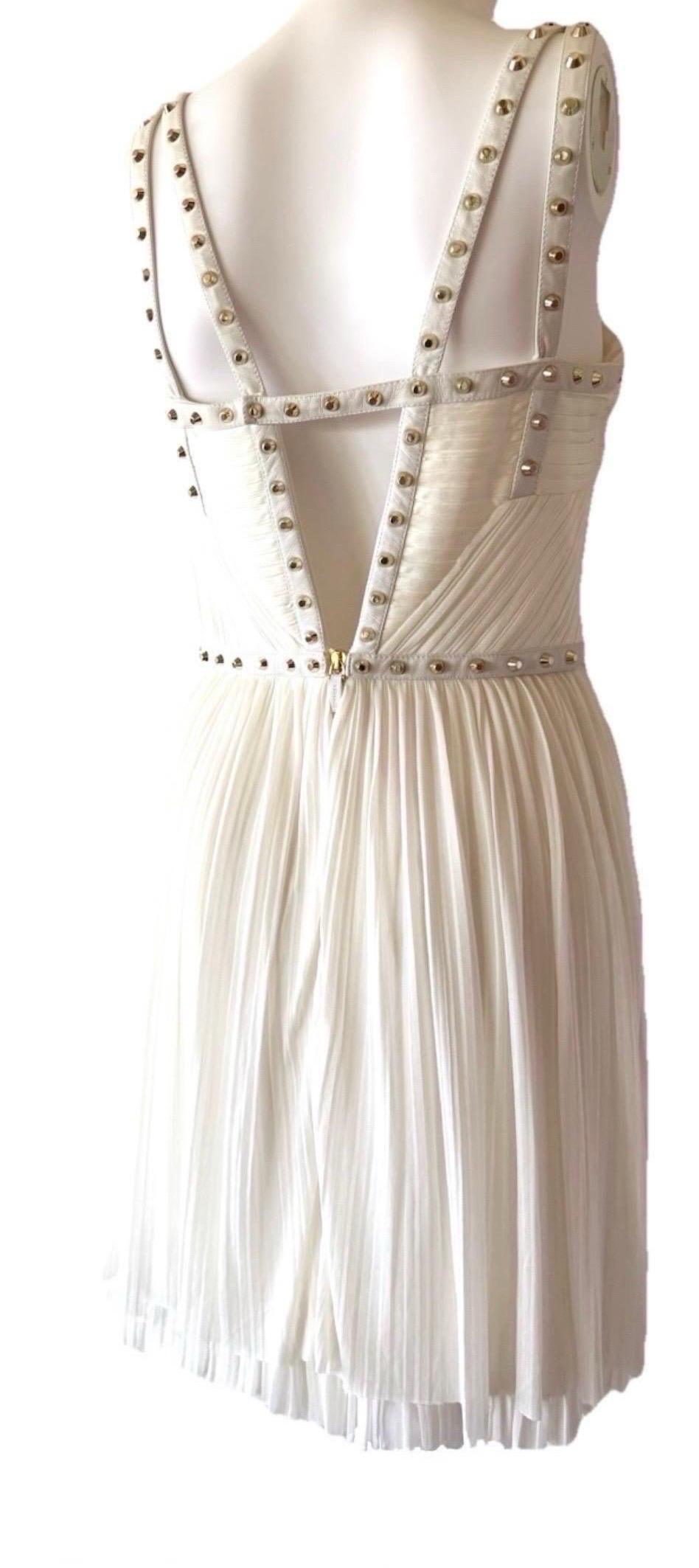 VERSACE Runway S/S 2012 Stud & Leather Embellished Off-White Mini Dress For Sale 1