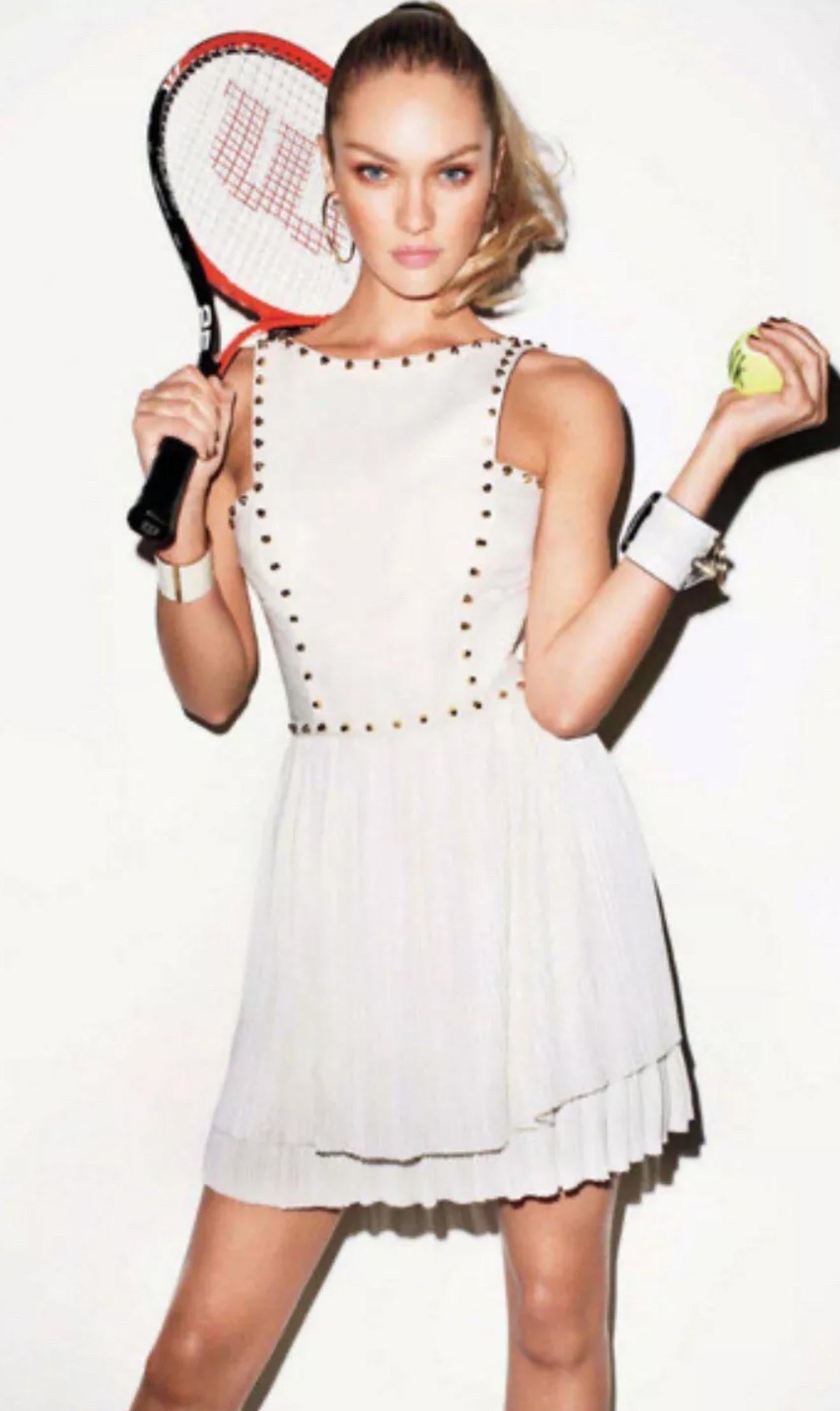 VERSACE Runway S/S 2012 Stud & Leather Embellished Off-White Mini Dress For Sale 4