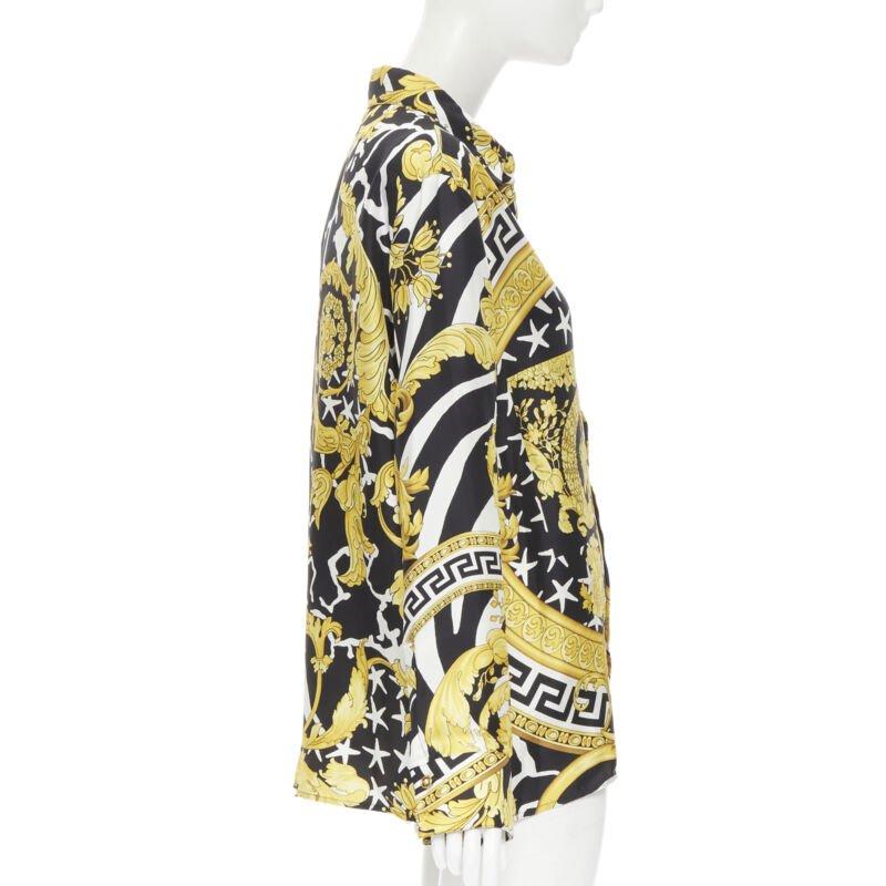 Beige VERSACE Runway Savage Barocco black gold Greca baroque silk shirt IT44 L For Sale