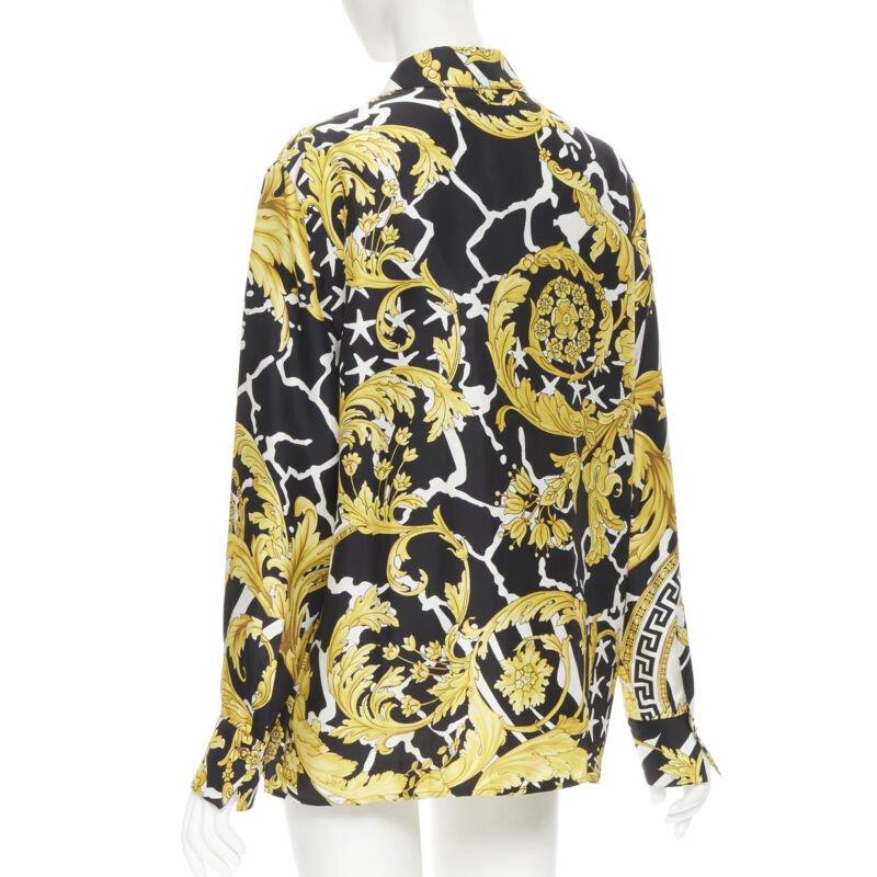 Women's VERSACE Runway Savage Barocco black gold Greca baroque silk shirt IT44 L For Sale