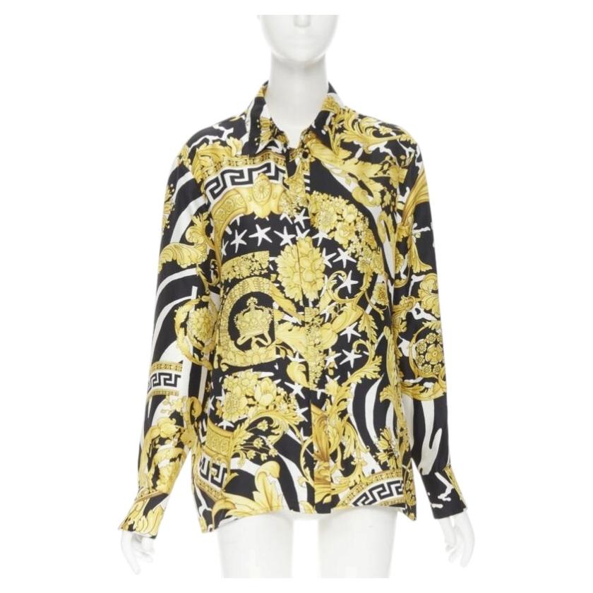 VERSACE Runway Savage Barocco black gold Greca baroque silk shirt IT44 L For Sale