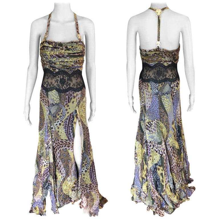 Versace Runway Sheer Lace Panel Open Back Dress Gown For Sale at 1stDibs
