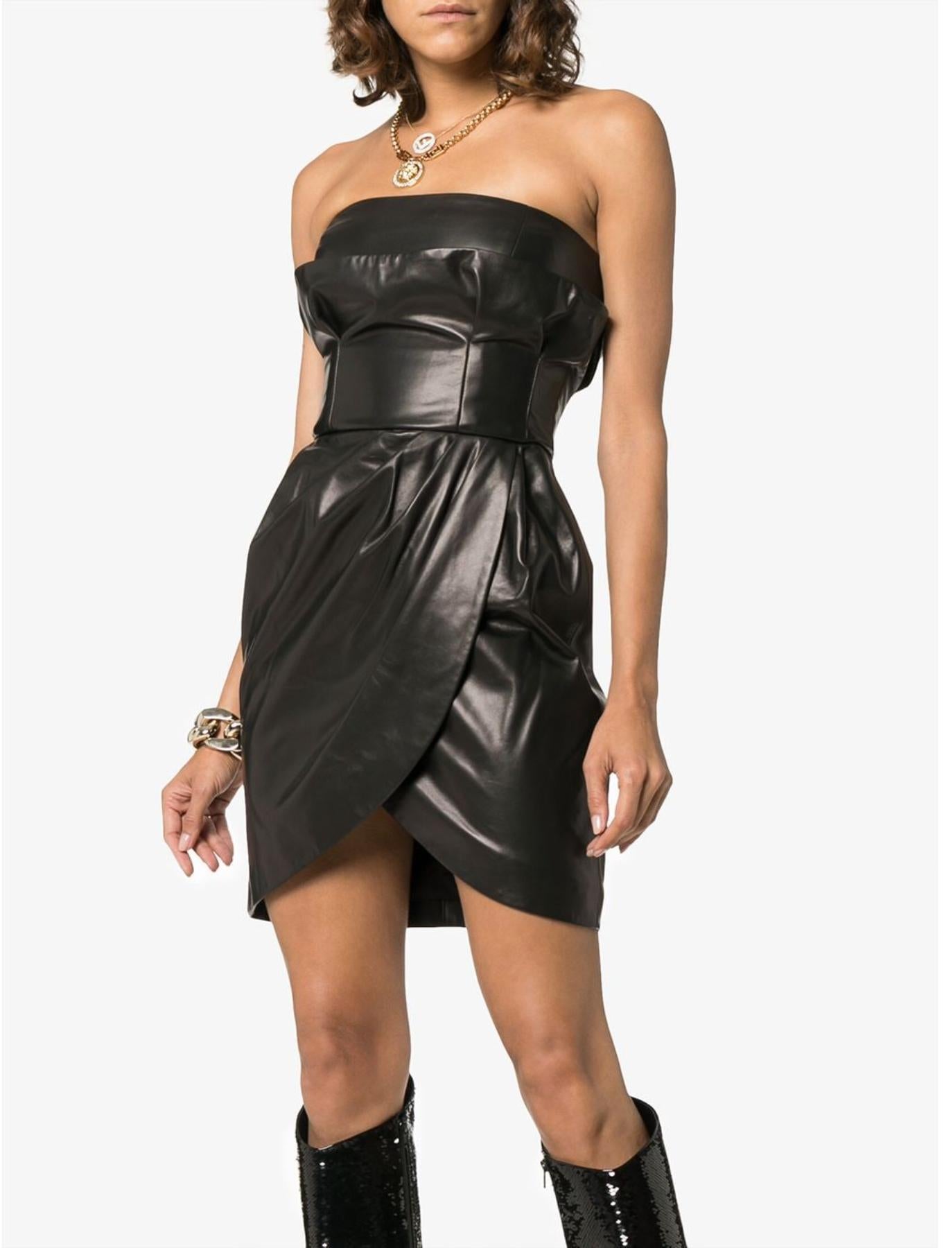 Versace Runway Strapless Draped Black Leather Dress Size 40 For Sale at 1stDibs versace leather dress versace black leather dress versace black dress runway