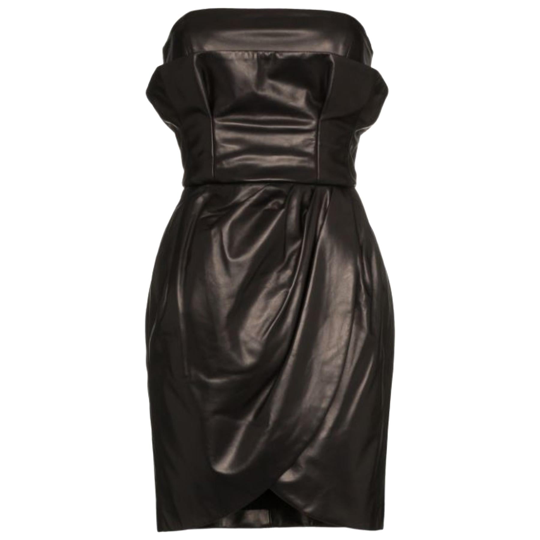 Versace Runway Strapless Draped Black Leather Dress Size 40