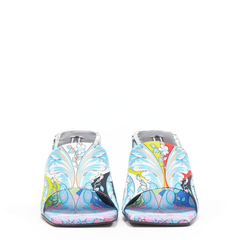 Blue VERSACE Runway Technicolor Baroque open round toe block heel sandals EU37 For Sale