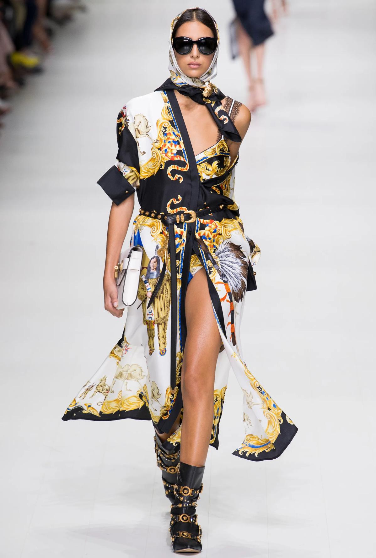 Women's Versace Runway Tribute Collection Native American Long Sleeve Silk Dress Size 38