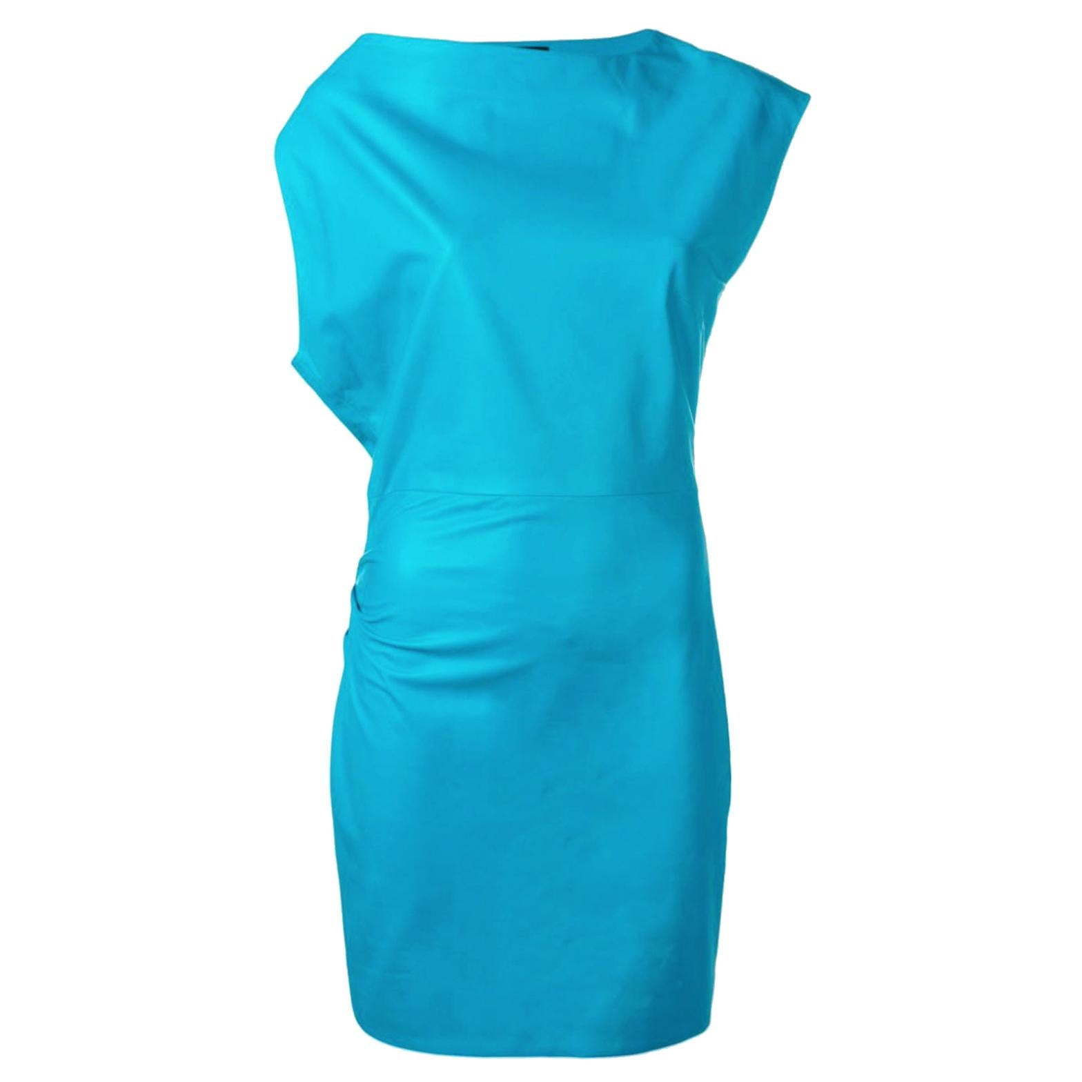 Versace Runway Turquoise Asymmetric Ruched Leather Mini Cocktail Dress Size 38