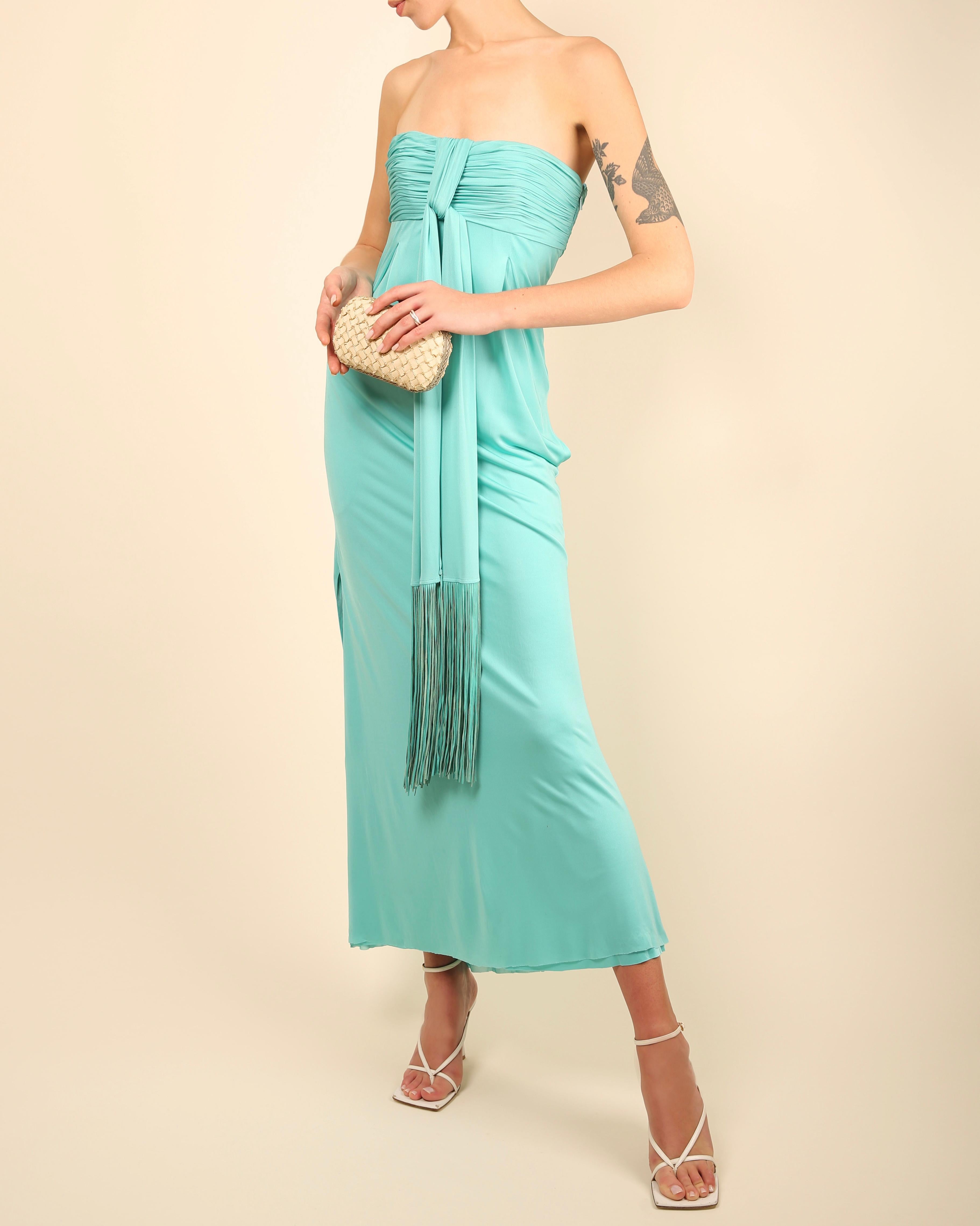 Robe longue bustier corset sans bretelles et à franges turquoise Versace S/S 08 en vente 6