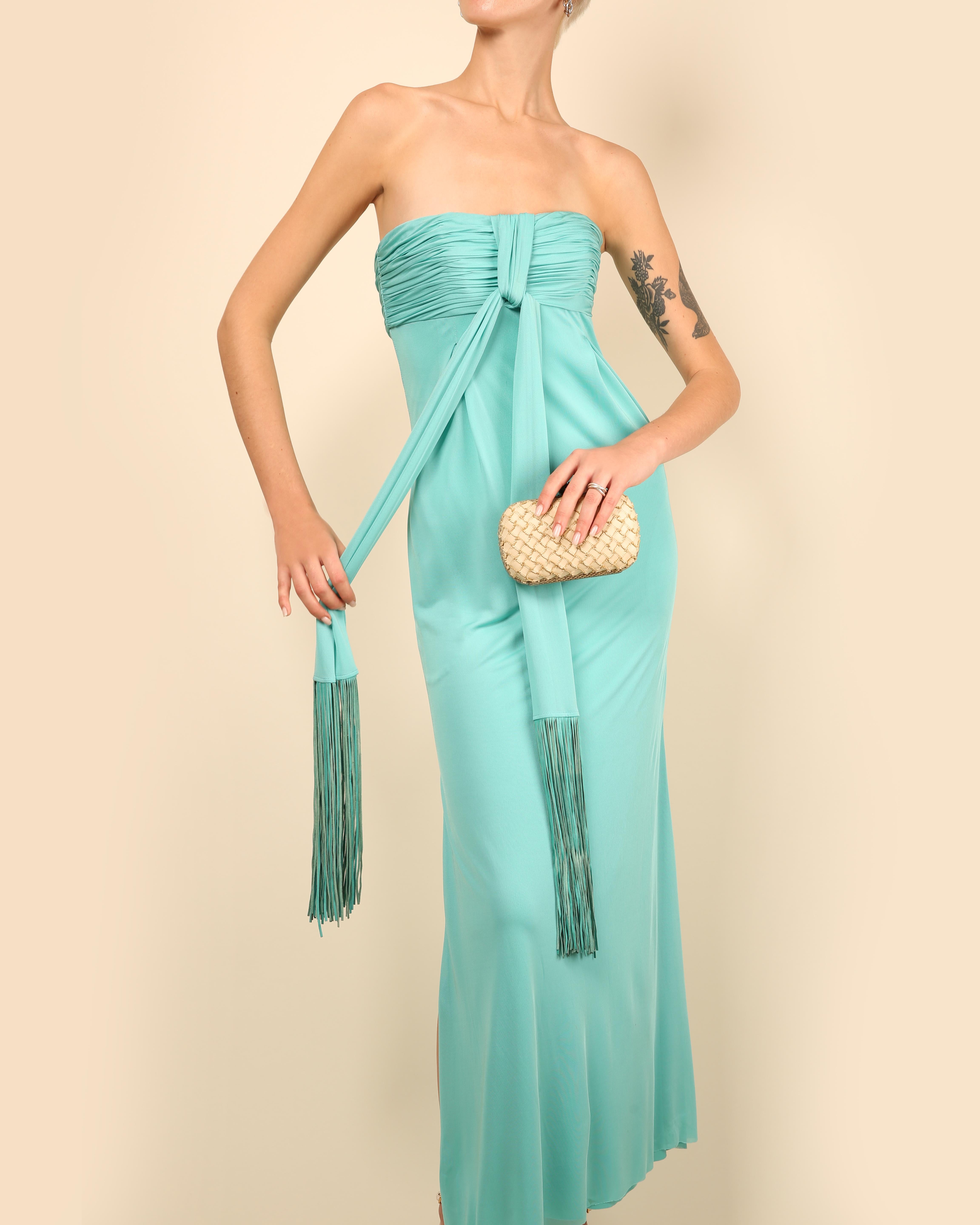 Robe longue bustier corset sans bretelles et à franges turquoise Versace S/S 08 en vente 10