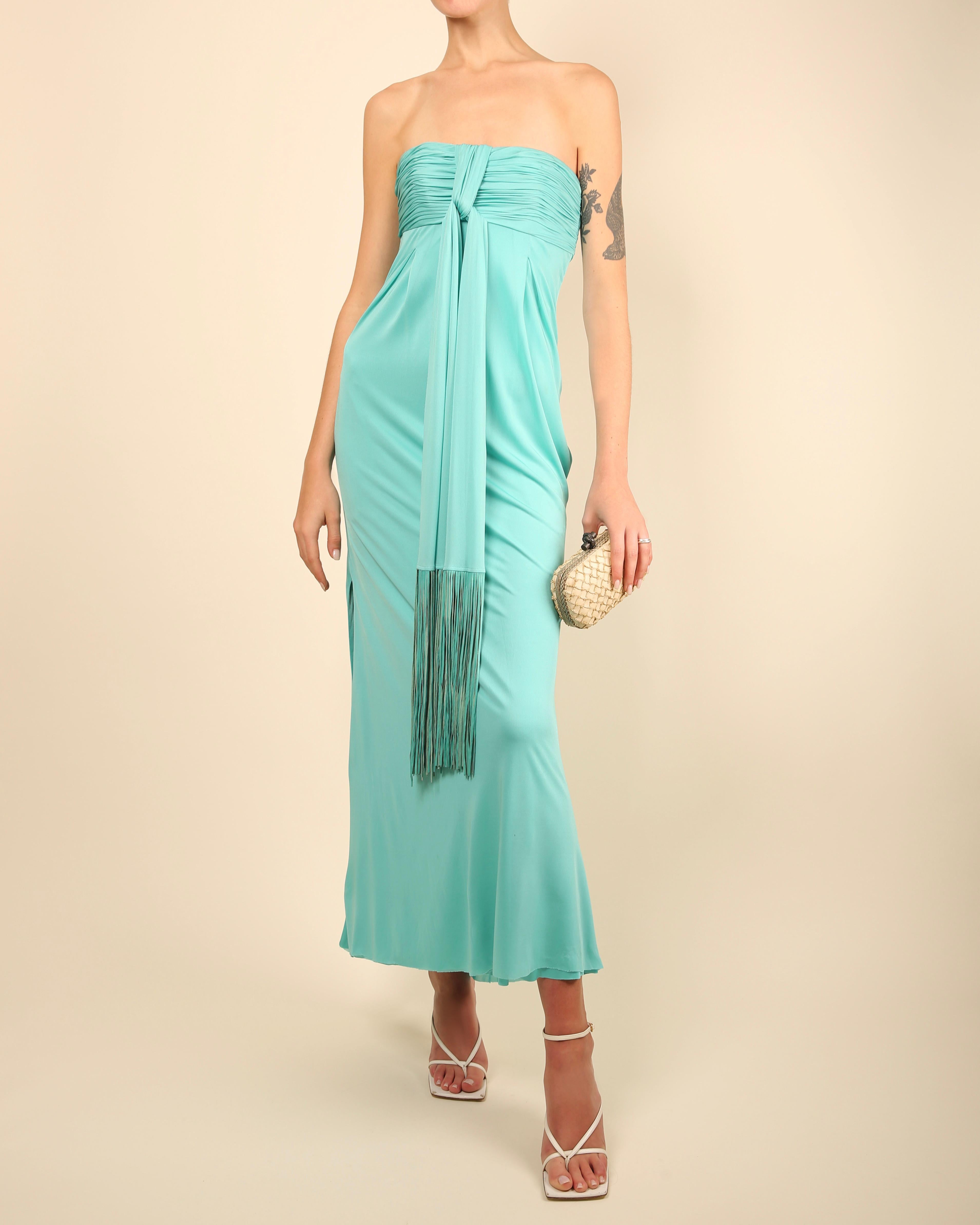 Robe longue bustier corset sans bretelles et à franges turquoise Versace S/S 08 Pour femmes en vente