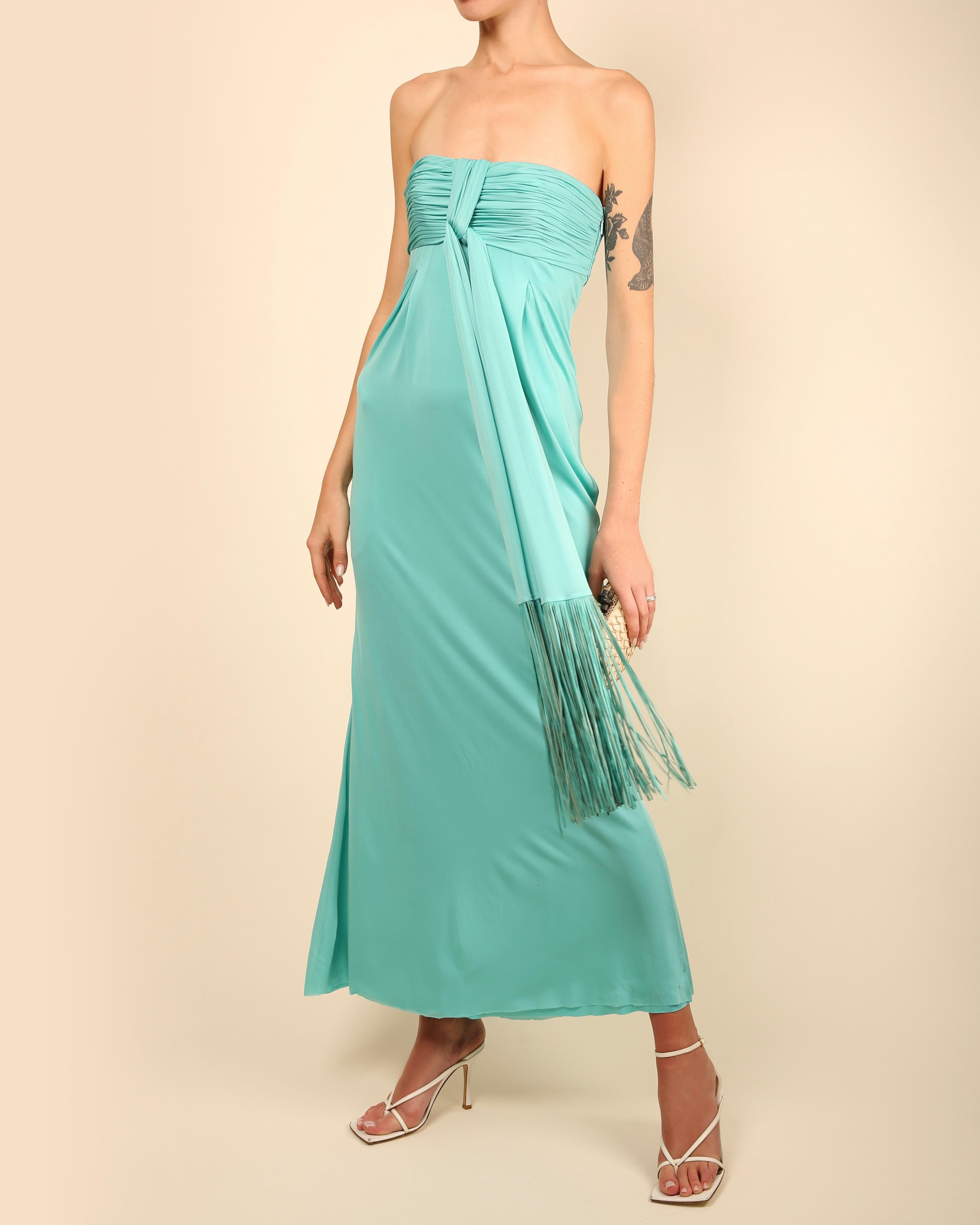 Robe longue bustier corset sans bretelles et à franges turquoise Versace S/S 08 en vente 1