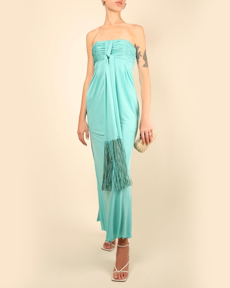 Versace S/S 08 turquoise strapless tassel fringe corset bustier midi maxi  dress For Sale at 1stDibs