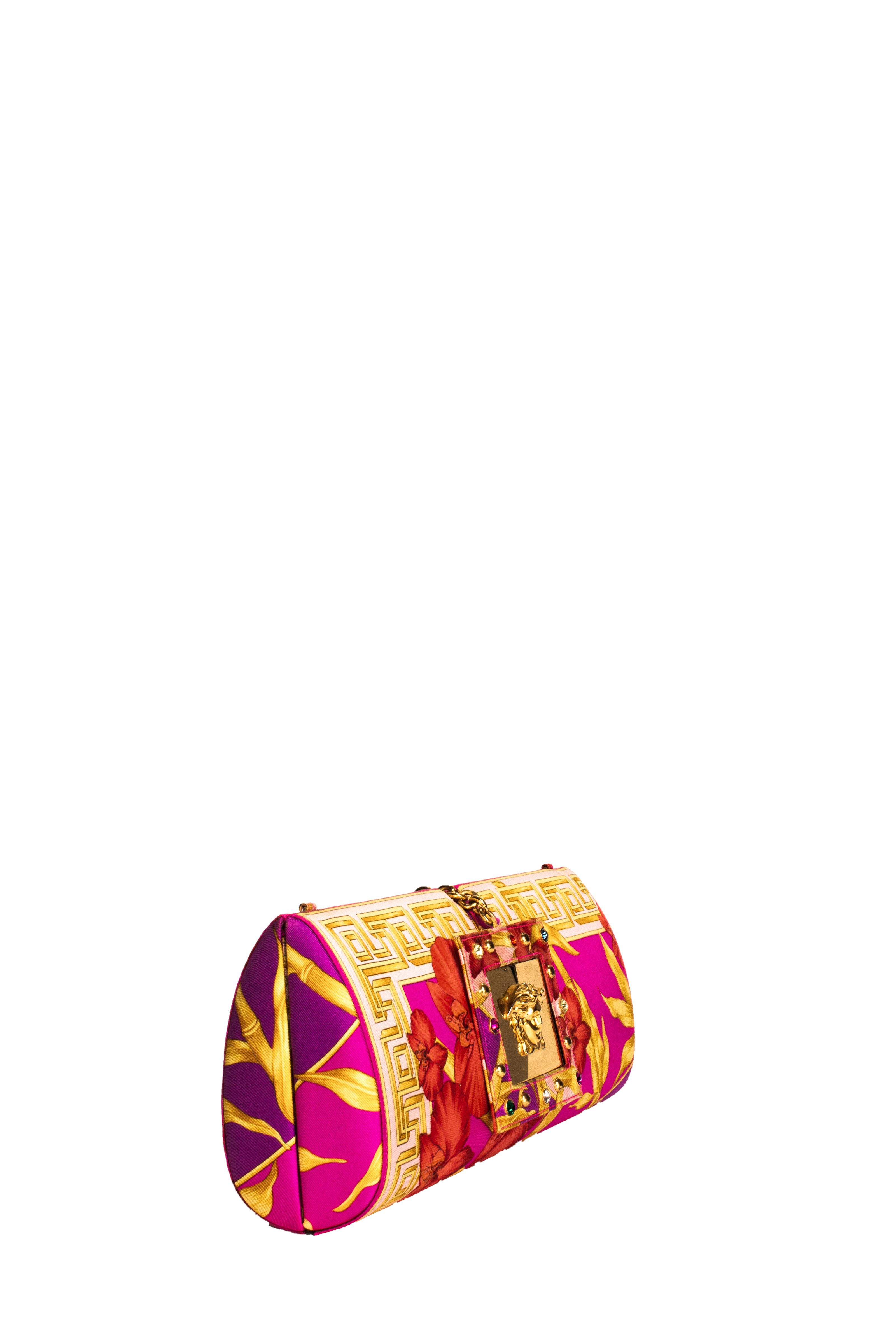 Women's S/S 2000 Gianni Versace by Donatella Runway Pink Printed Silk Convertible Clutch For Sale