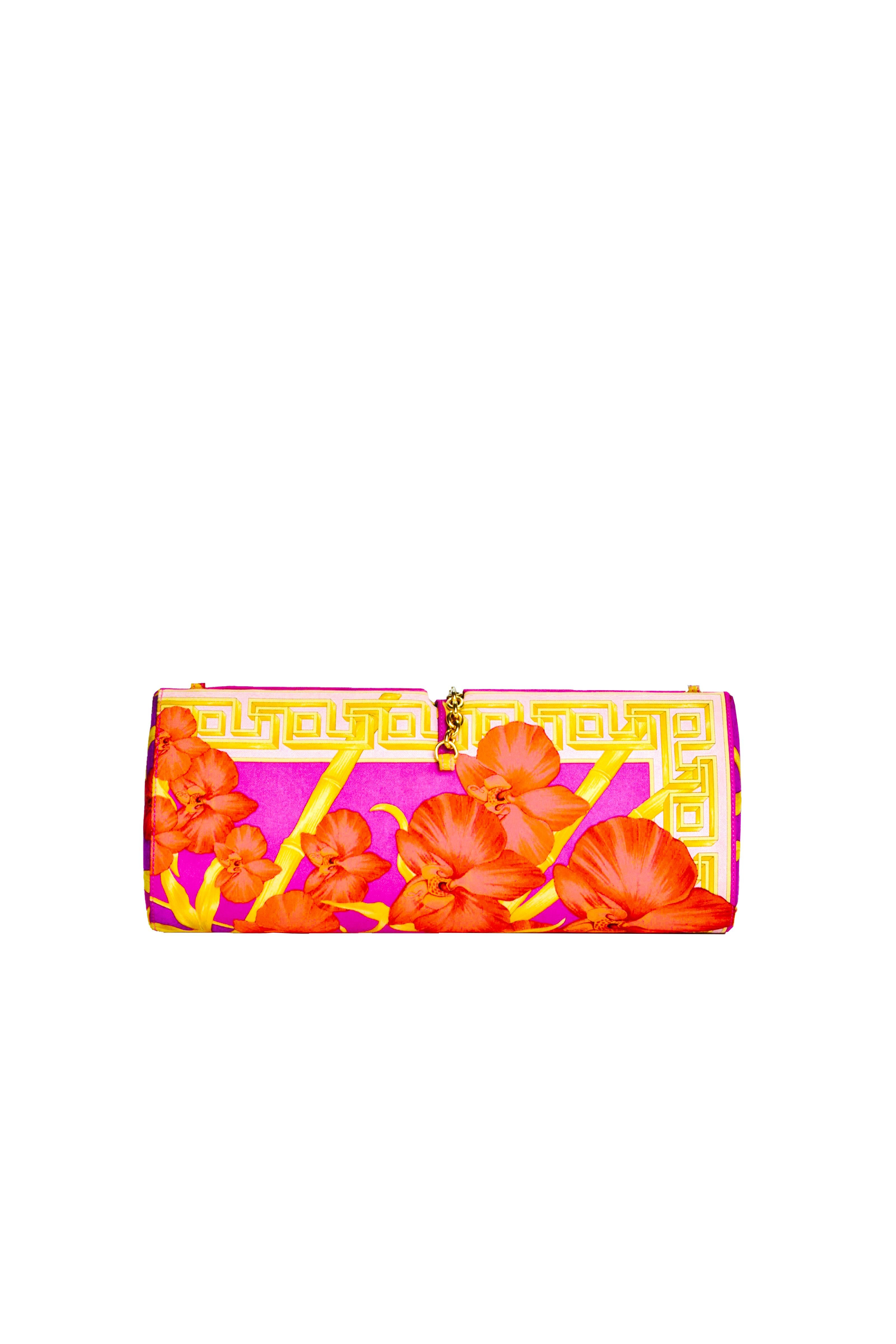 S/S 2000 Gianni Versace by Donatella Runway Pink Printed Silk Convertible Clutch For Sale 2