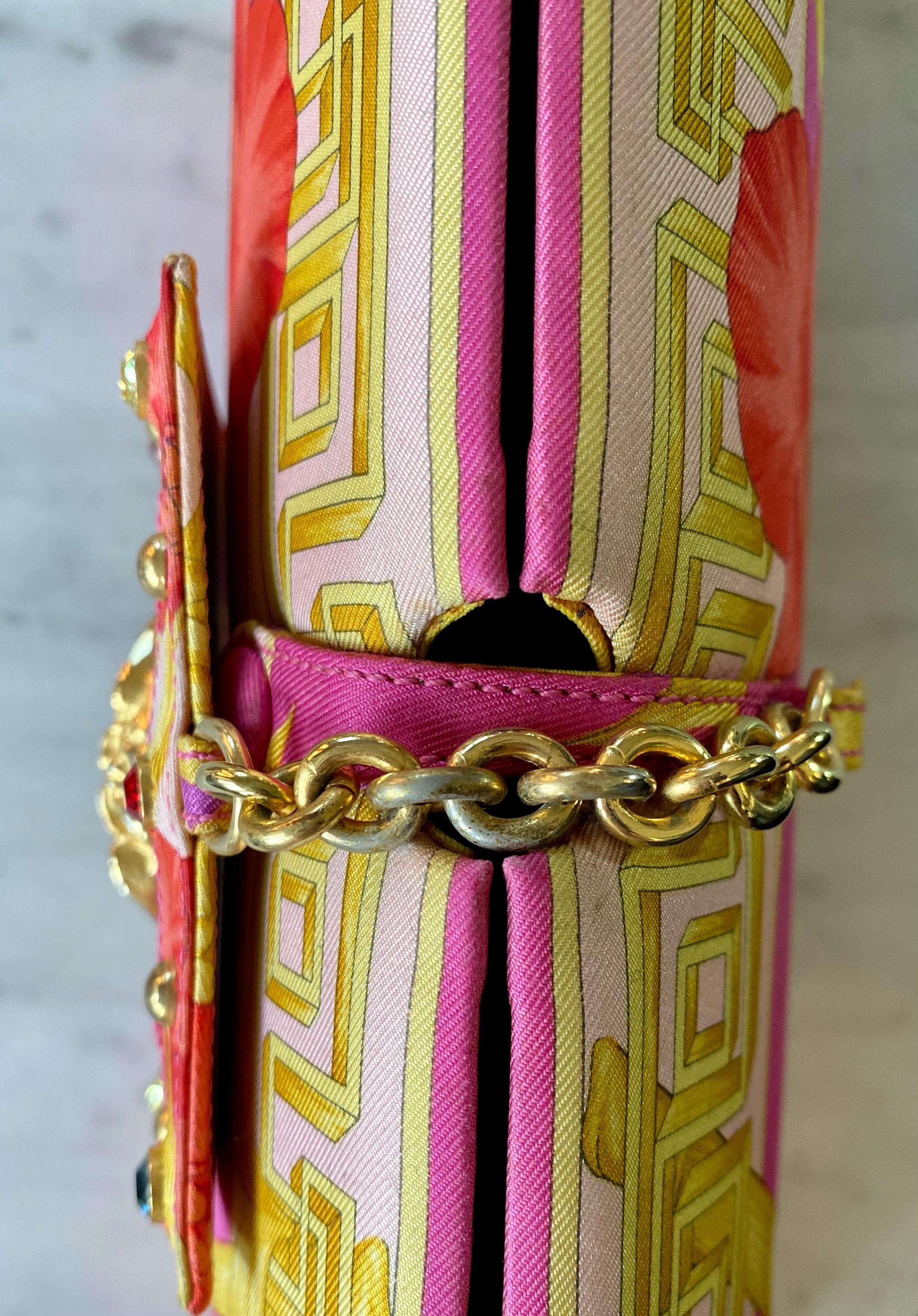 S/S 2000 Gianni Versace by Donatella Runway Pink Printed Silk Convertible Clutch For Sale 6