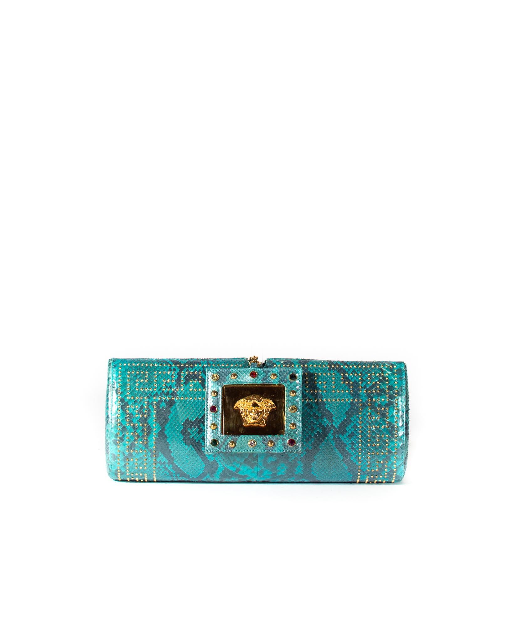 S/S 2000 Gianni Versace Python Blue Convertible Evening Bag & Clutch Donatella In Good Condition For Sale In West Hollywood, CA