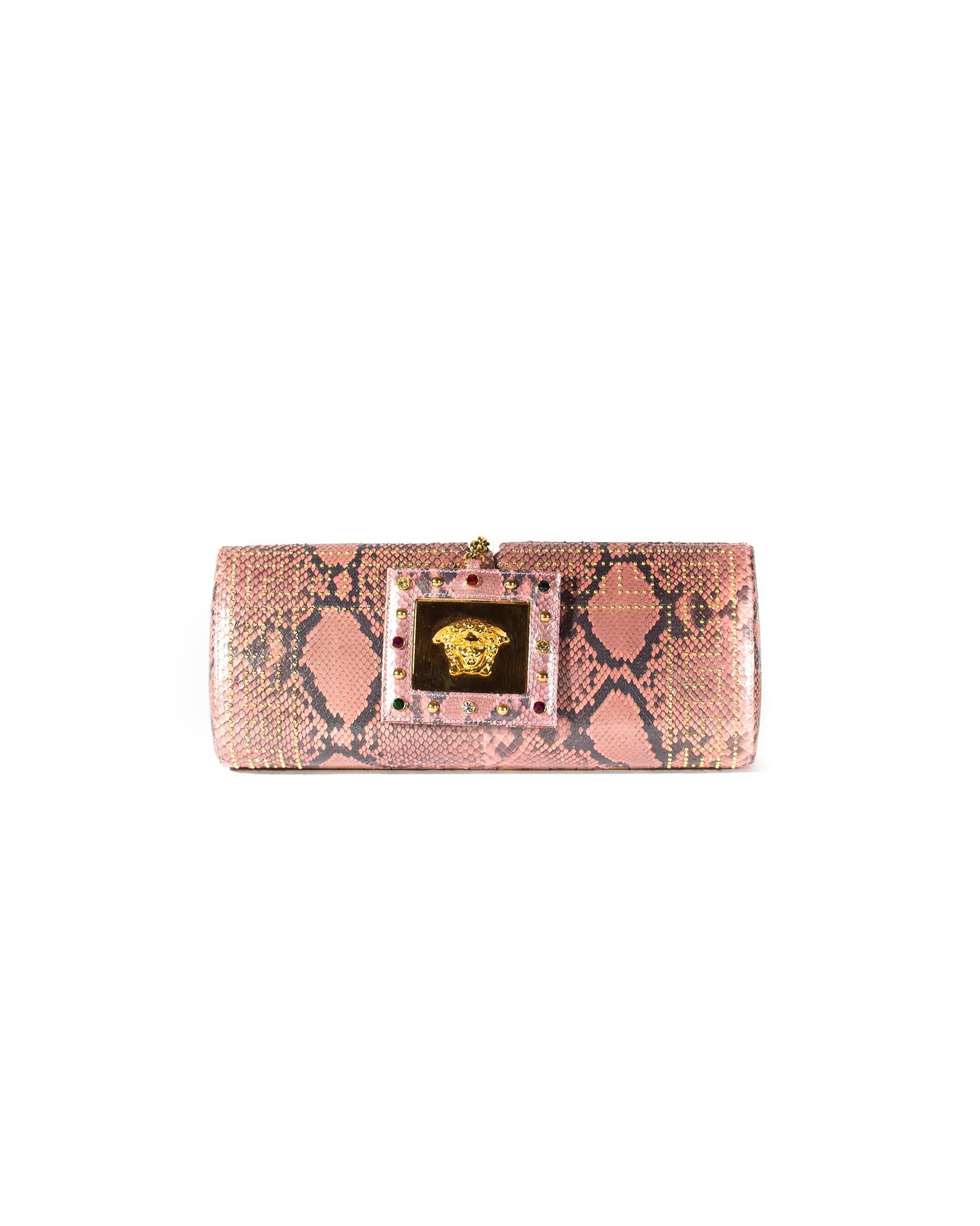 Brown S/S 2000 Gianni Versace Python Pink Convertible Evening Bag & Clutch Donatella For Sale