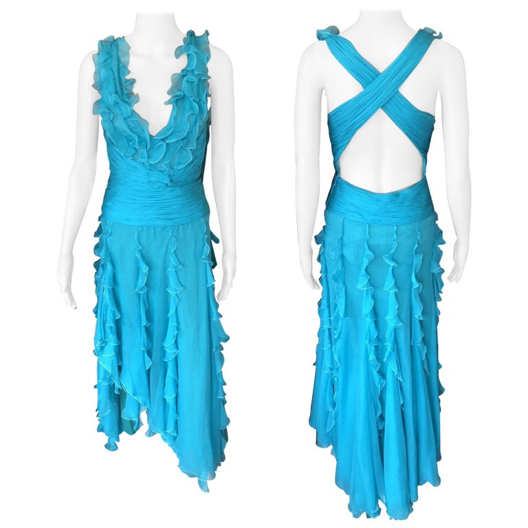 Versace S/S 2004 Halter Open Back Ruffles Turquoise Evening Dress Gown For  Sale at 1stDibs