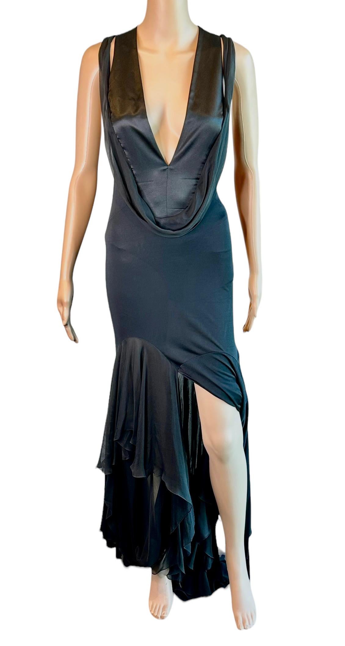 Versace S/S 2004 Plunged Halter Open Back Ruffles Black Evening Dress Gown  7