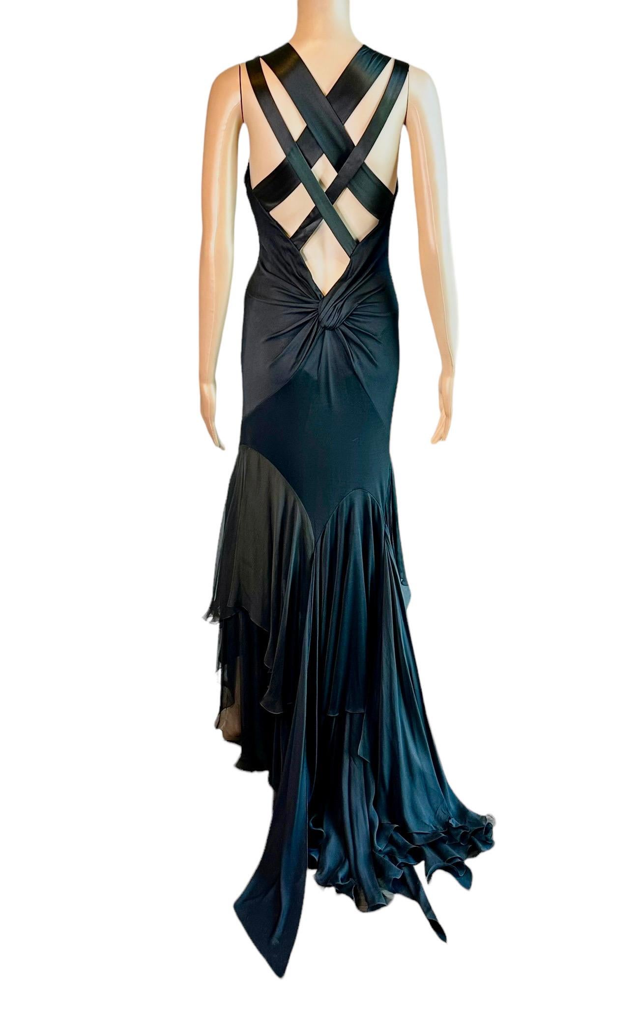 Versace S/S 2004 Plunged Halter Open Back Ruffles Black Evening Dress Gown  8