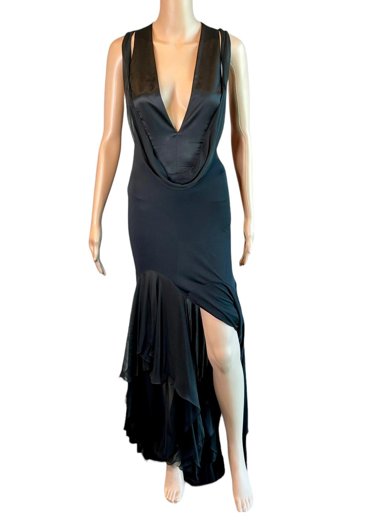 Versace S/S 2004 Plunged Halter Open Back Ruffles Black Evening Dress Gown  10