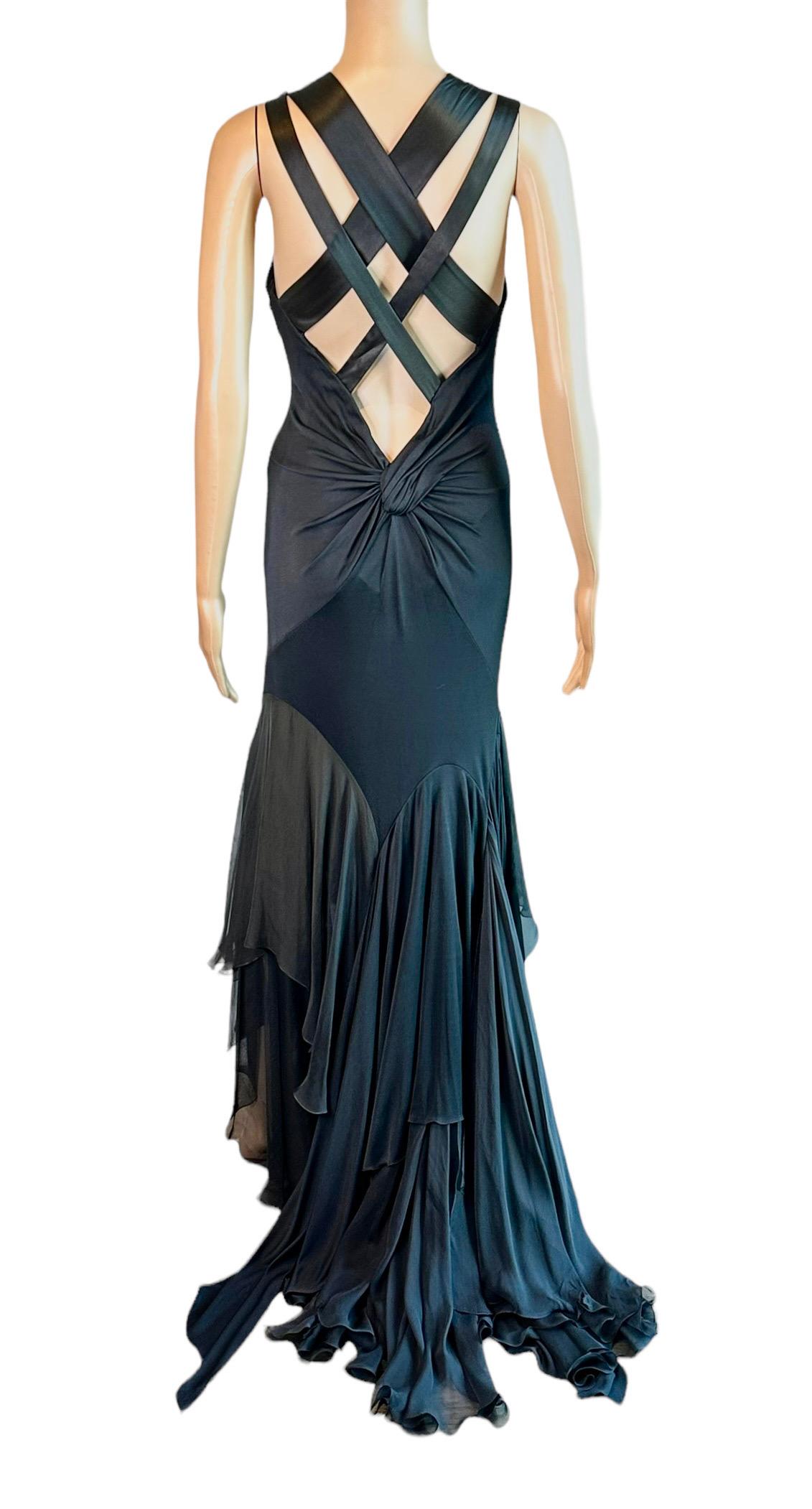 Versace S/S 2004 Plunged Halter Open Back Ruffles Black Evening Dress Gown  In Good Condition In Naples, FL
