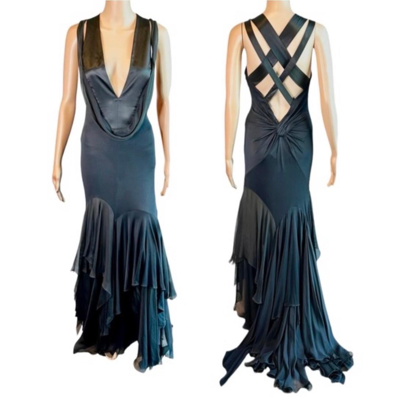 Women's Versace S/S 2004 Plunged Halter Open Back Ruffles Black Evening Dress Gown 