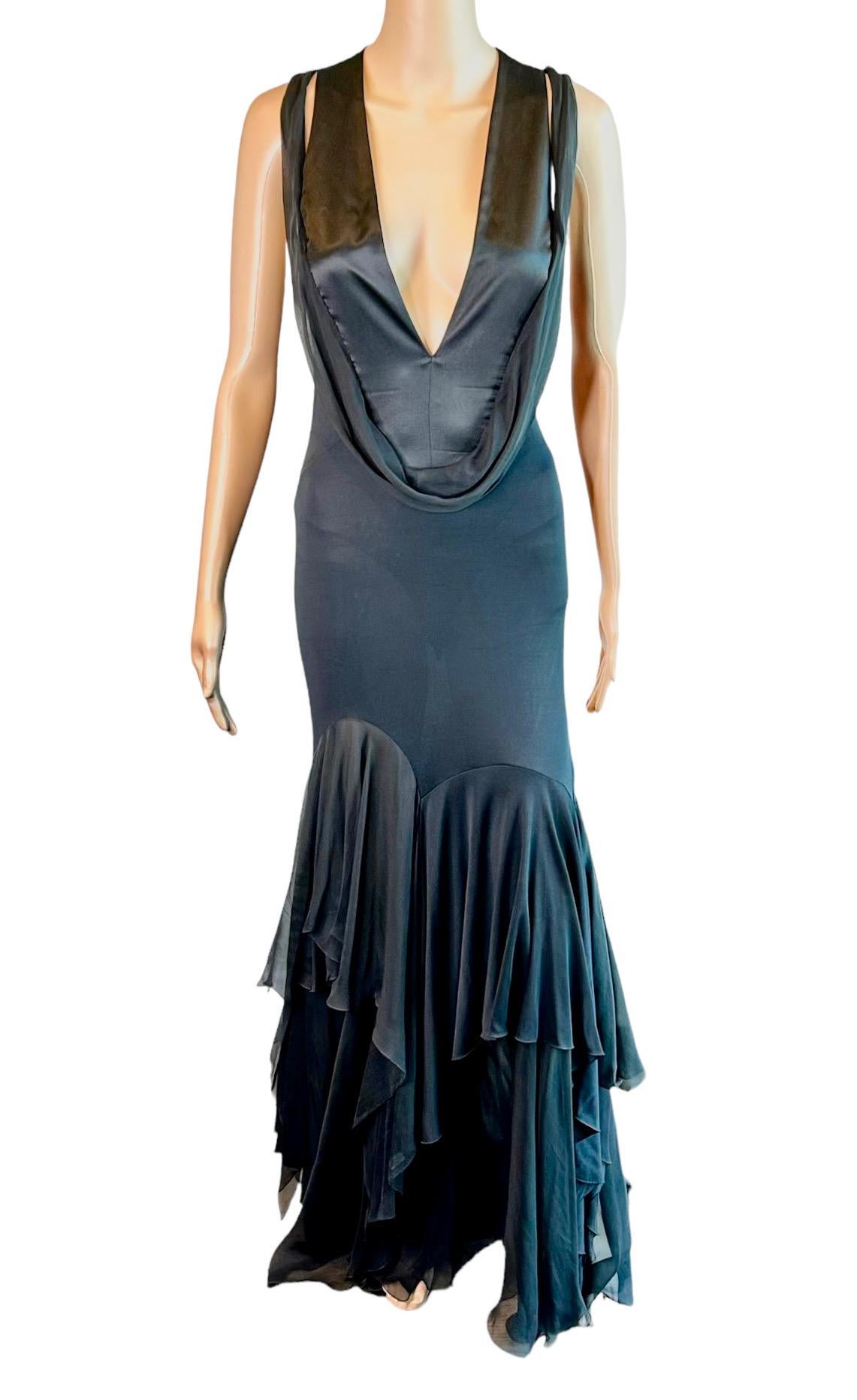Versace S/S 2004 Plunged Halter Open Back Ruffles Black Evening Dress Gown  For Sale 2