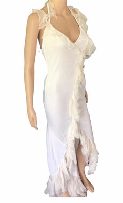 Versace S/S 2004 Plunging Open Back Ruffled Ivory Maxi Evening Dress Gown