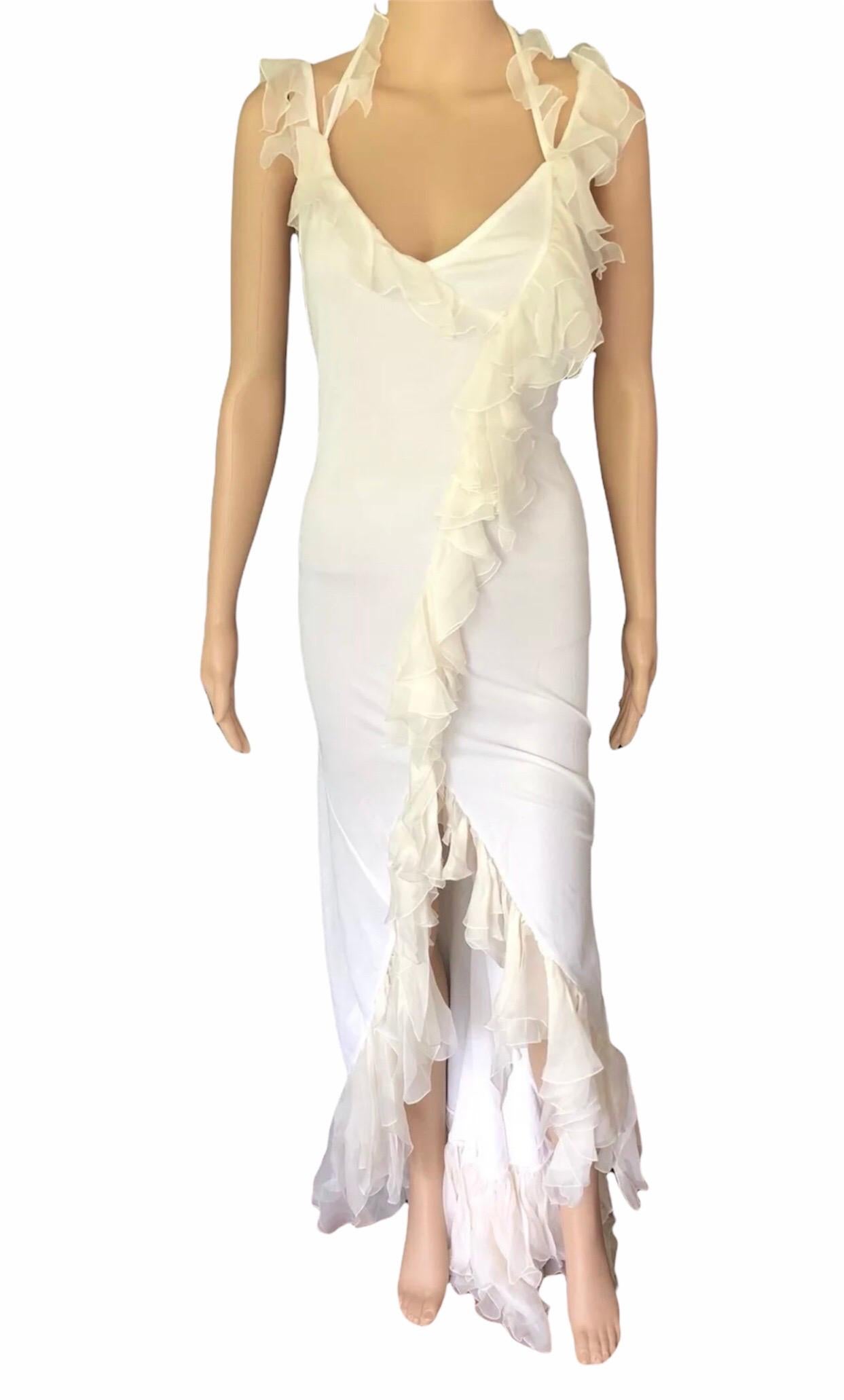 Versace S/S 2004 Tief ausgeschnittenes:: offenes:: gerafftes elfenbeinfarbenes Maxi-Abendkleid (Beige)