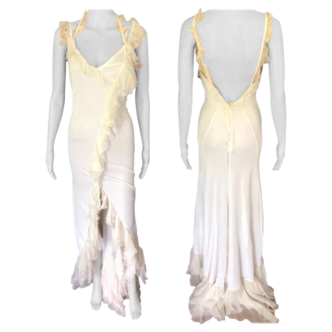 Versace S/S 2004 Tief ausgeschnittenes:: offenes:: gerafftes elfenbeinfarbenes Maxi-Abendkleid