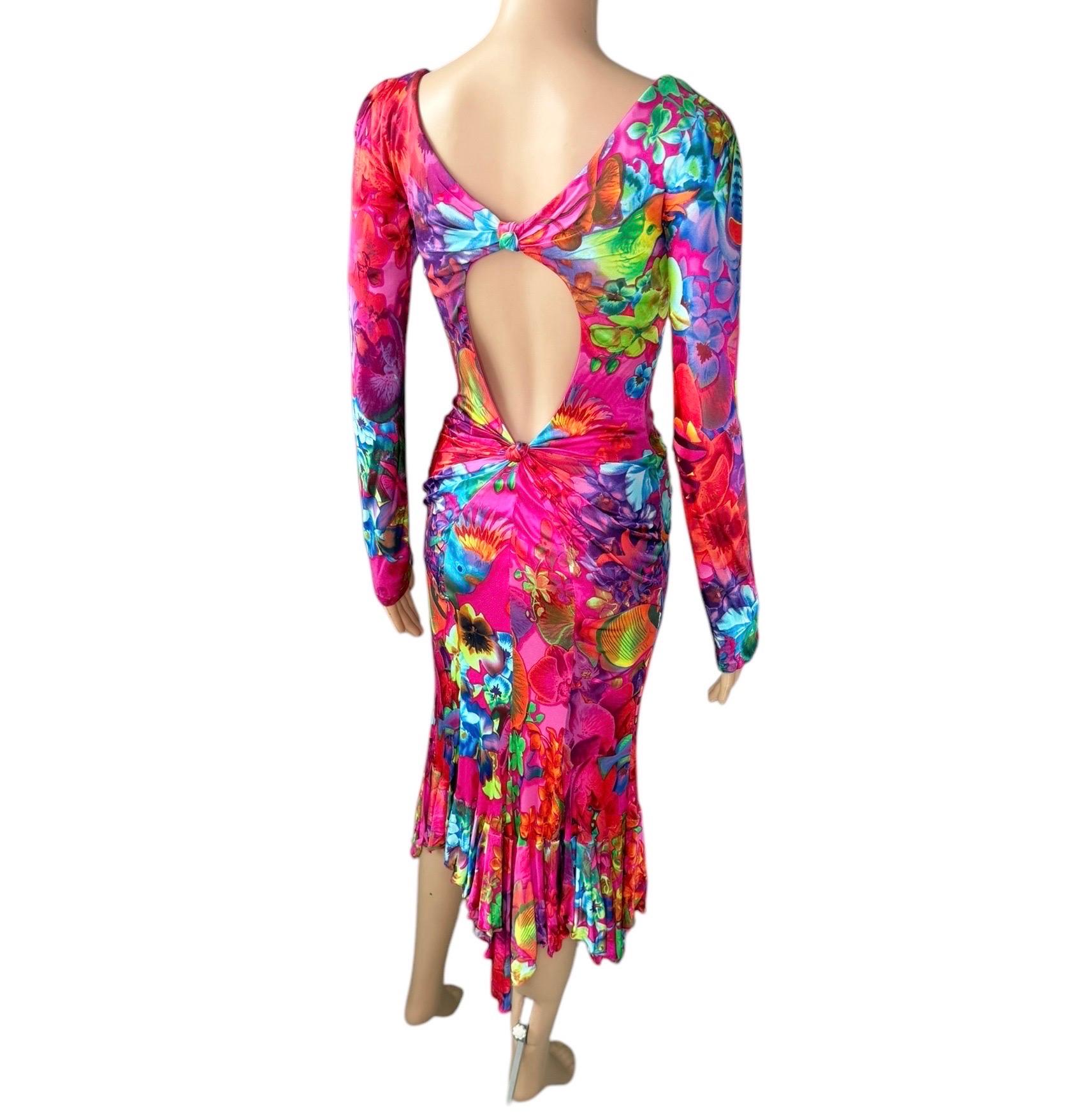 Versace S/S 2004 Runway Cutout Plunging Neckline Ruffled Floral Print Dress For Sale 6