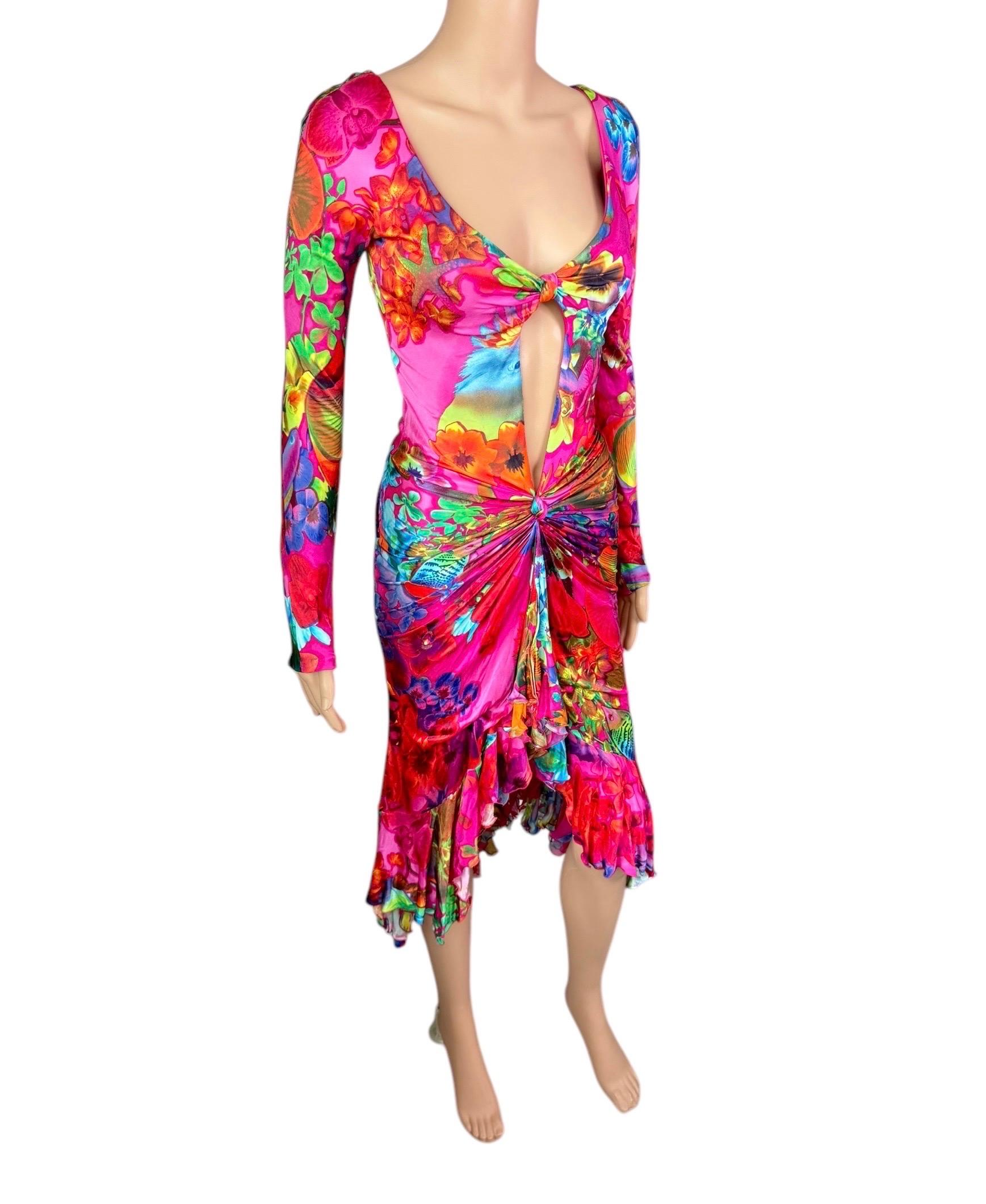 Pink Versace S/S 2004 Runway Cutout Plunging Neckline Ruffled Floral Print Dress For Sale