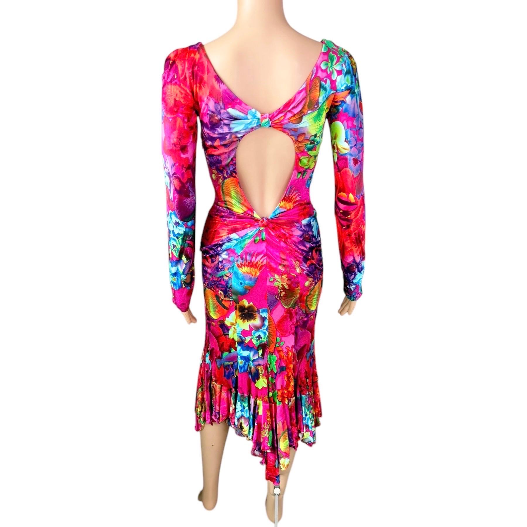 Versace S/S 2004 Runway Cutout Plunging Neckline Ruffled Floral Print Dress In Good Condition For Sale In Naples, FL